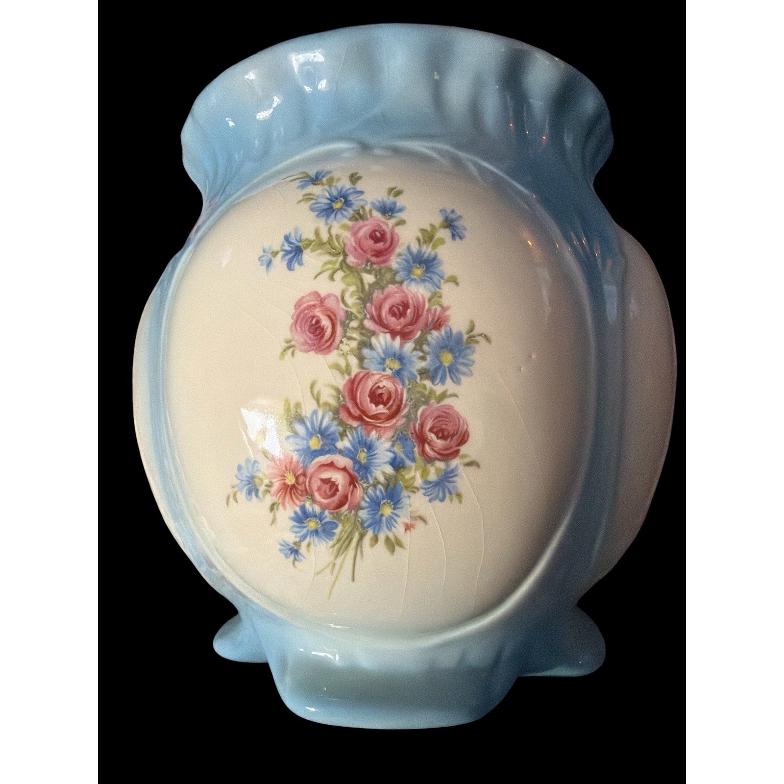 Vintage Blue Floral Biscuit Barrel Cookie Jar Covered Ceramic Canister Cottage