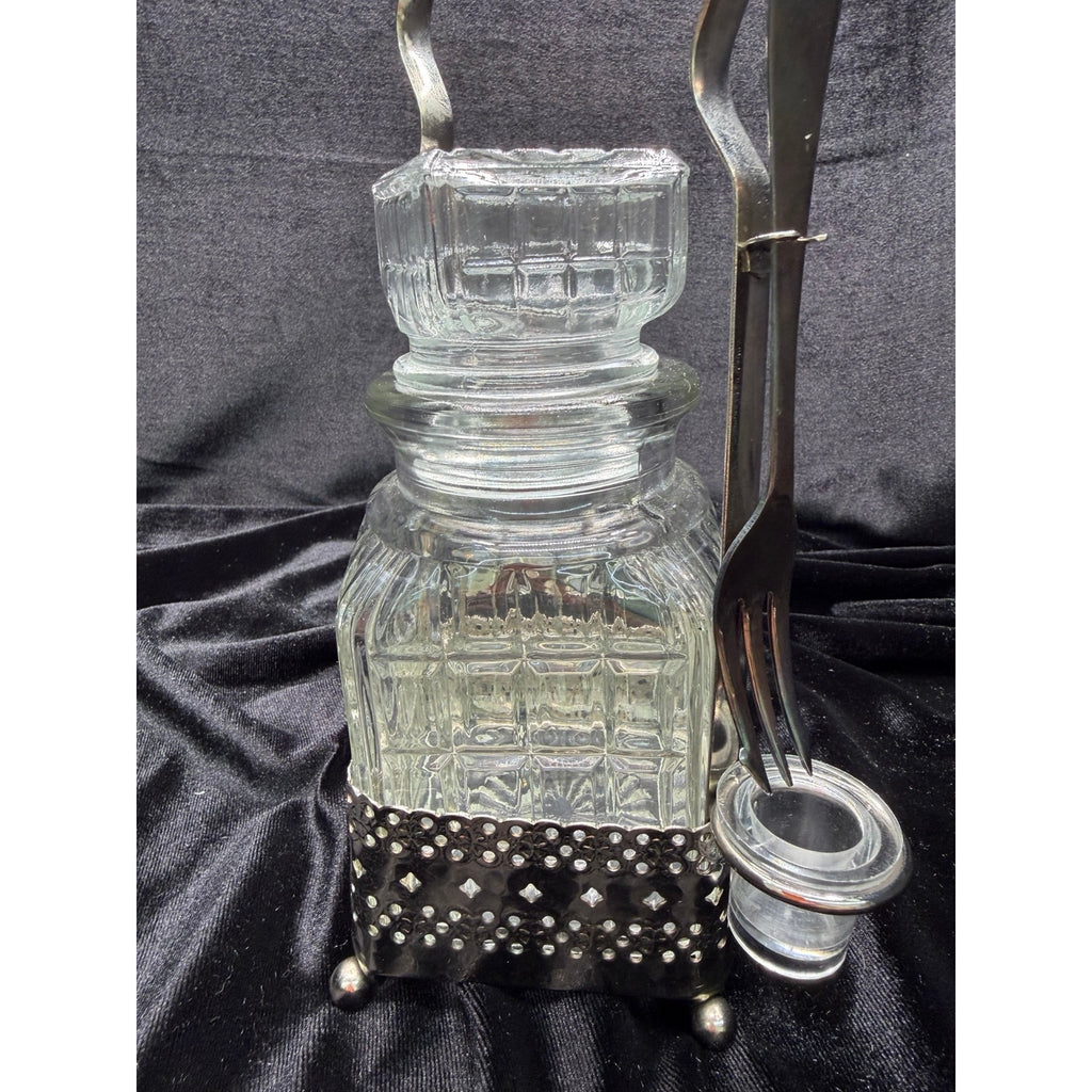 Vintage English Silver Plate Pickle Jar Stand w Fork Made in England
