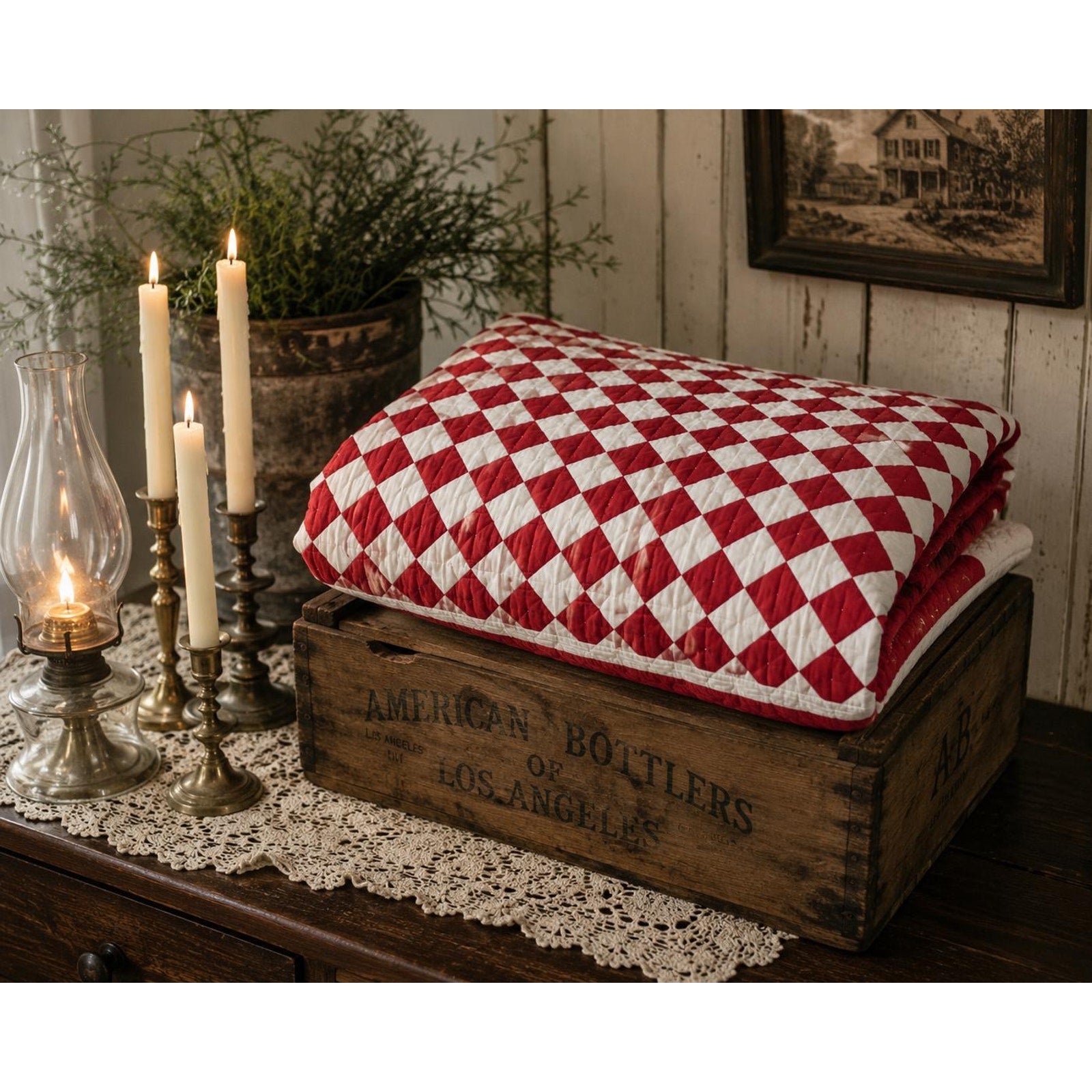 Hand Quilted Red White Patchwork Quilt King Primitive Americana