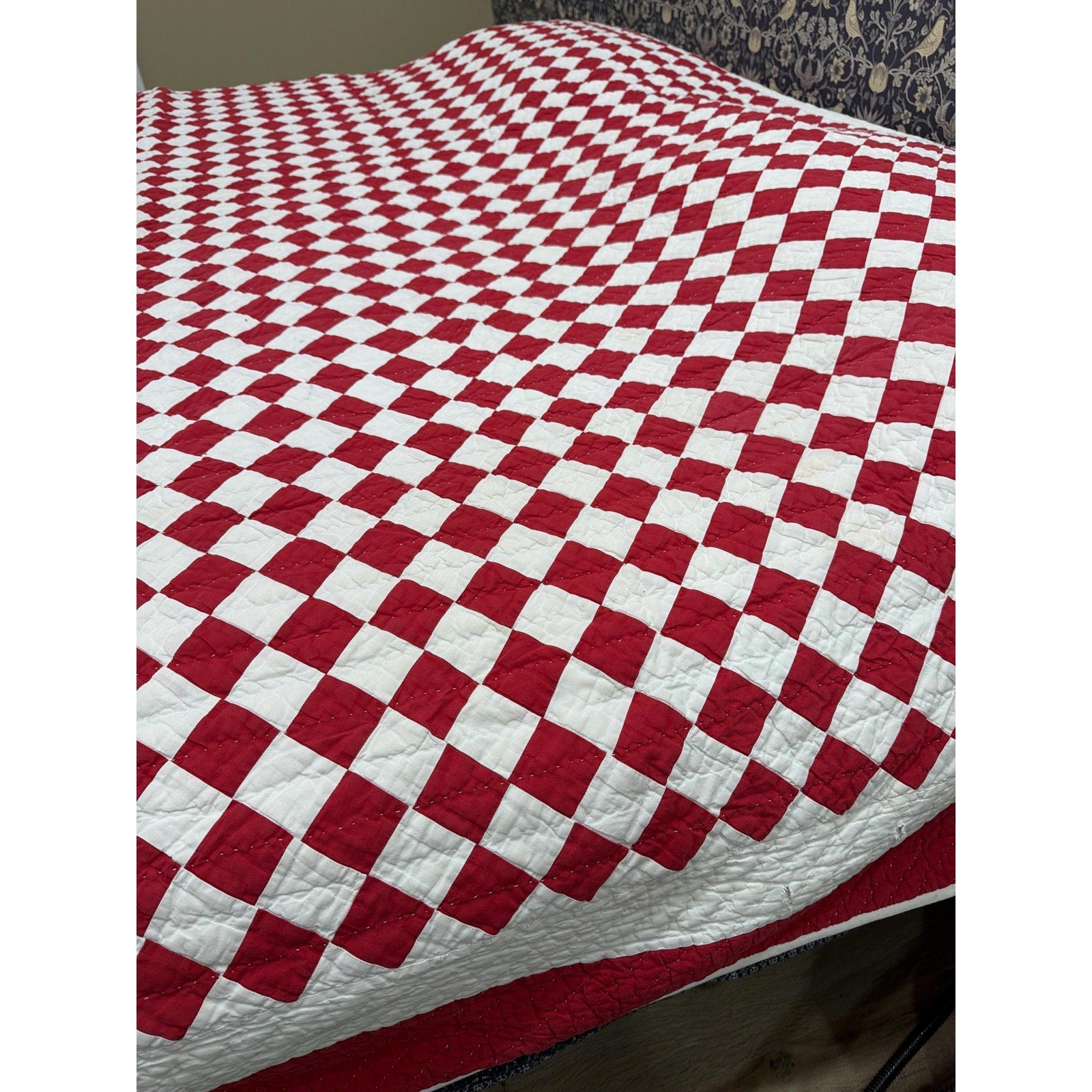 Hand Quilted Red White Patchwork Quilt King Primitive Americana
