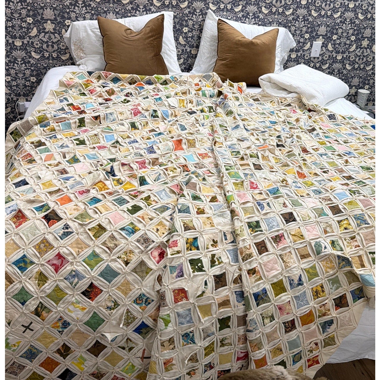 Vintage Cathedral Window Quilt King Size 96x96 Handmade Heirloom Patchwork Quilt