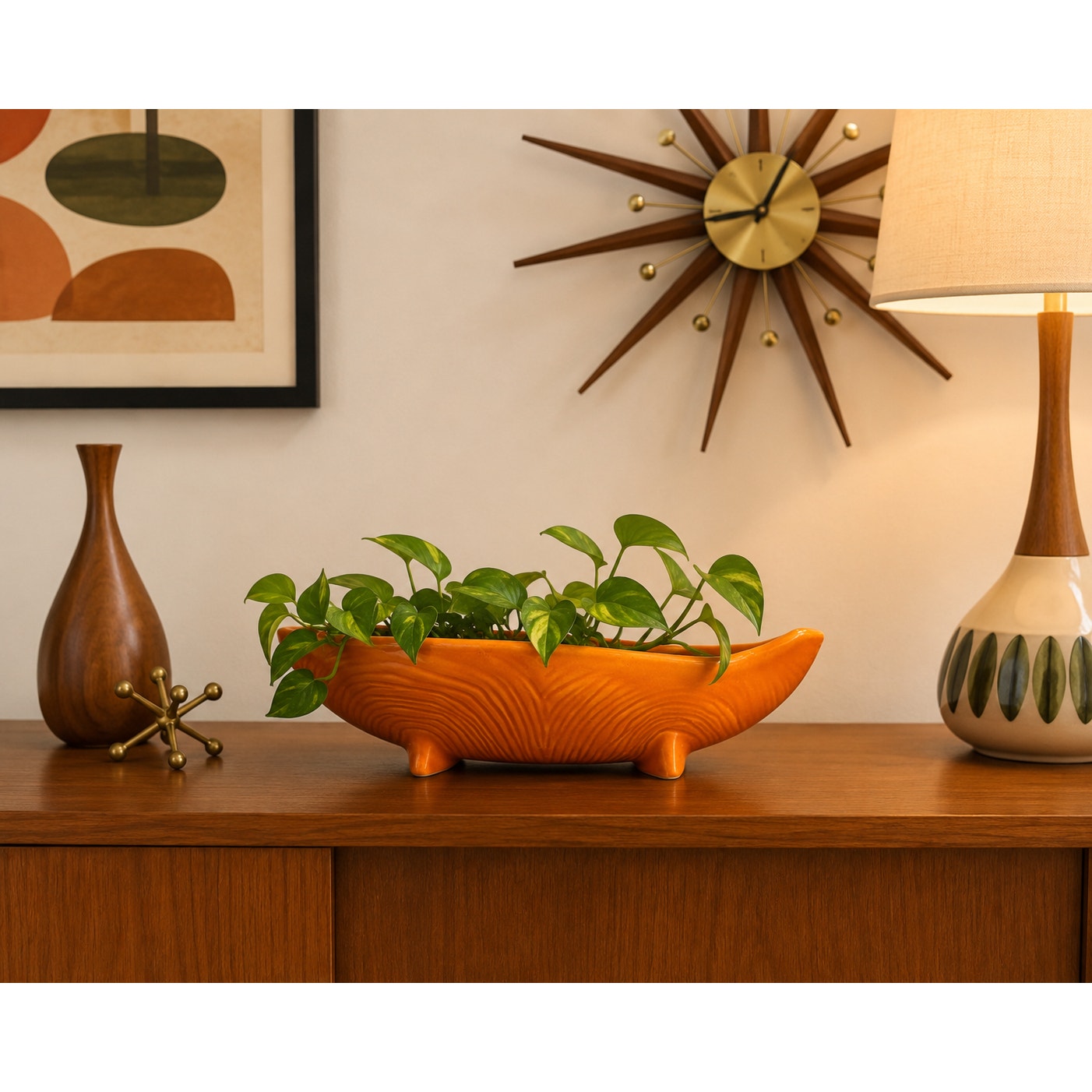 Vintage Mid Century Modern Orange Ceramic Planter USA 504 Woodgrain Footed