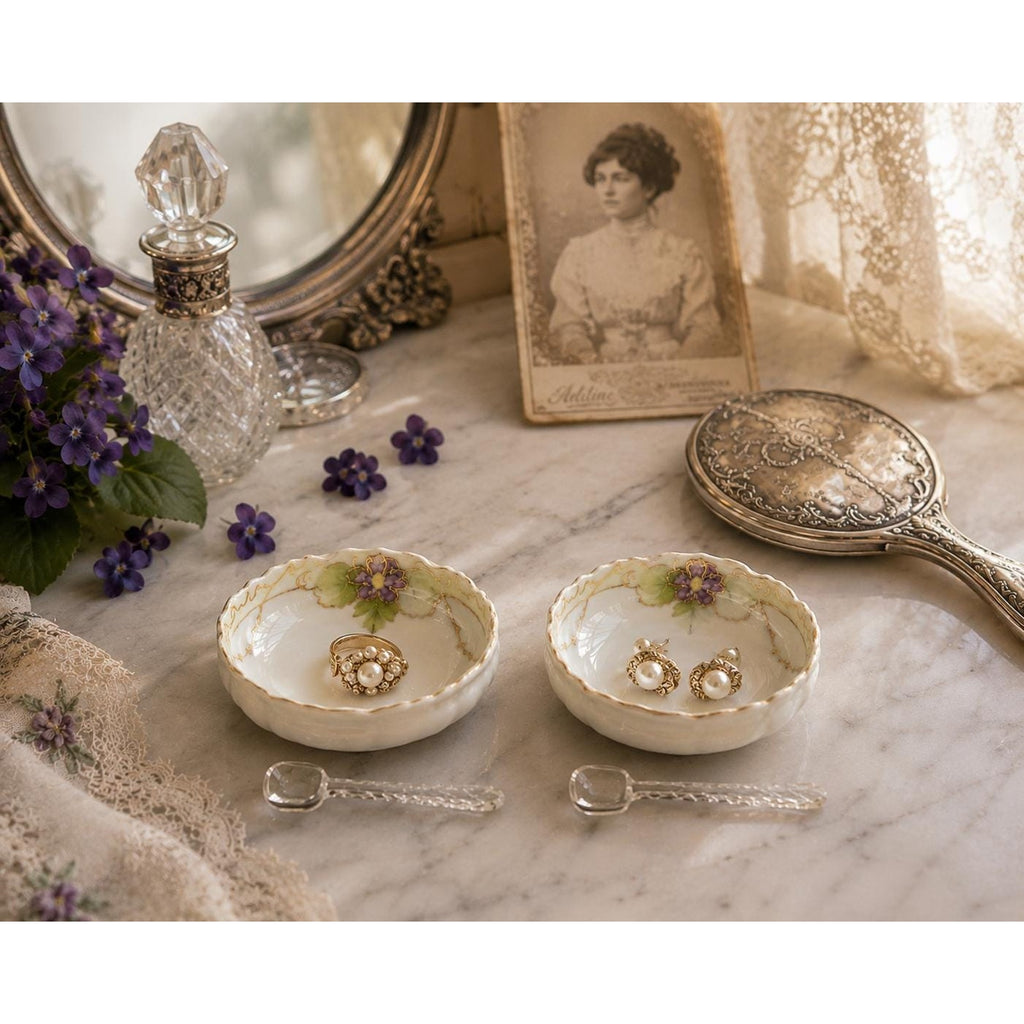 Antique Hand Painted Porcelain Salt Cellars with Glass Spoons, Victorian Violet