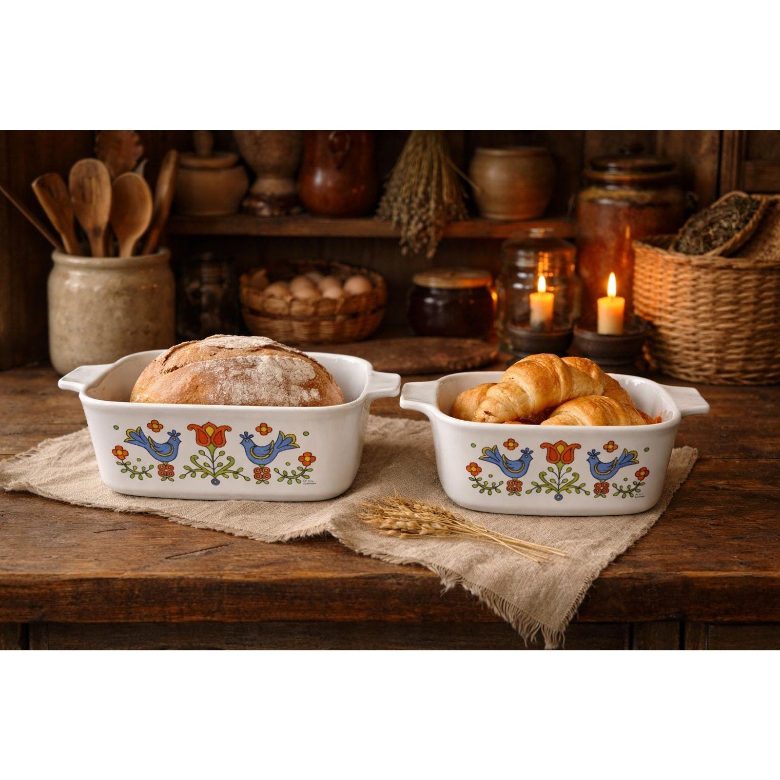 Vintage CorningWare Casserole Set: Country Festival Blue Bird Pyroceram Baking Dishes