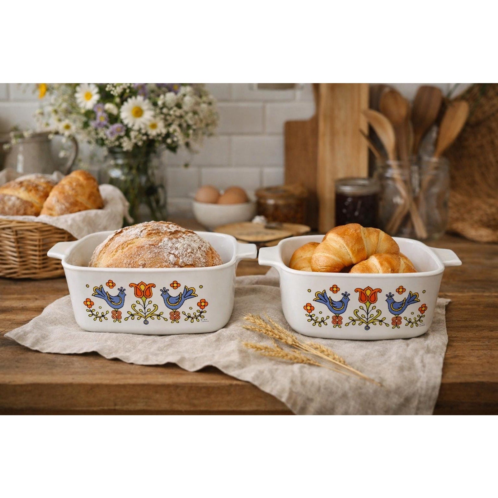 Vintage CorningWare Casserole Set: Country Festival Blue Bird Pyroceram Baking Dishes