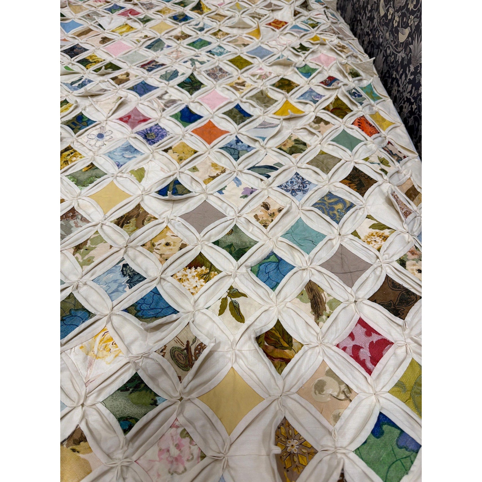 Vintage Cathedral Window Quilt King Size 96x96 Handmade Heirloom Patchwork Quilt