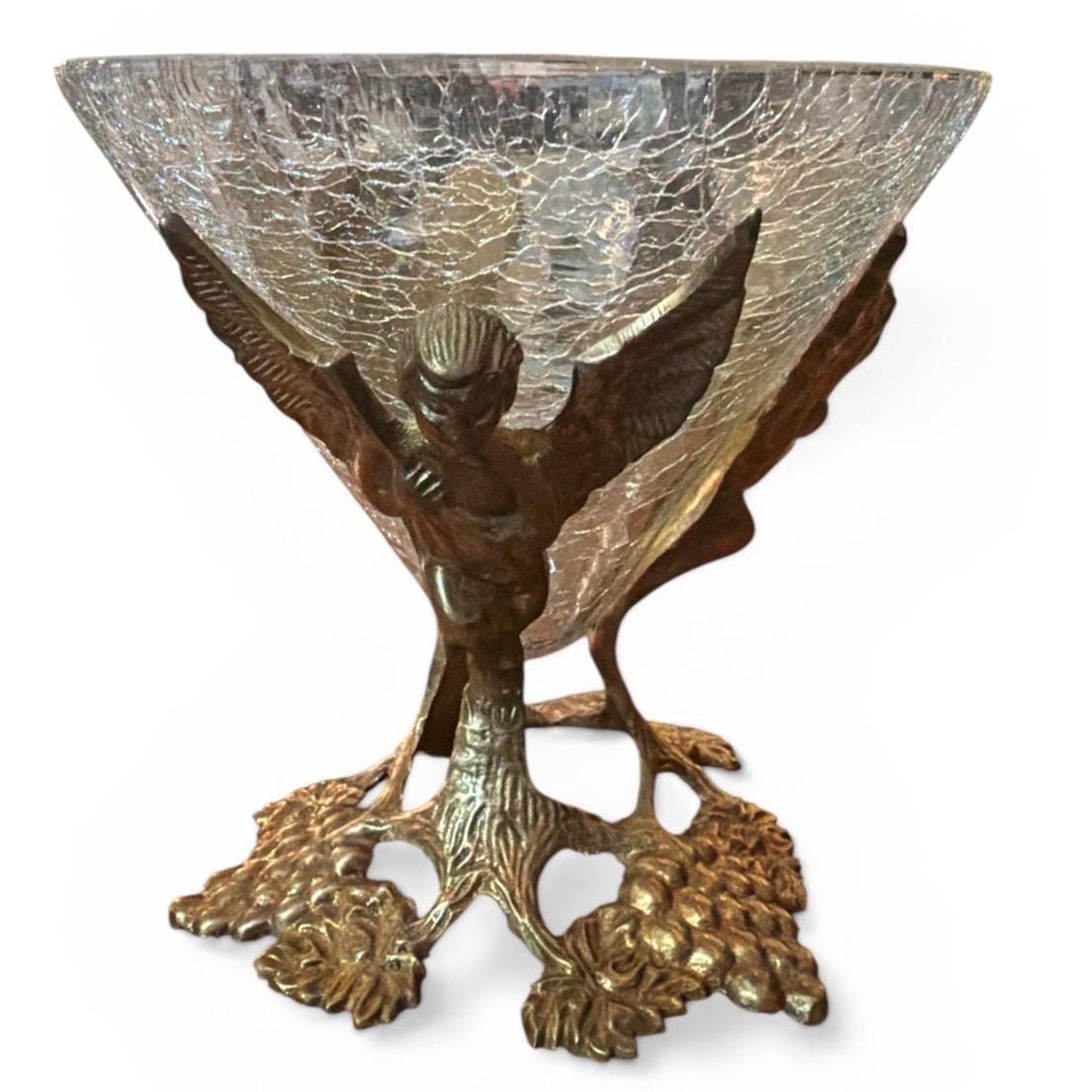 Vintage Cherub Bowl Crackle Glass Brass Compote Angel Centerpiece Hollywood Regency Gold Decor