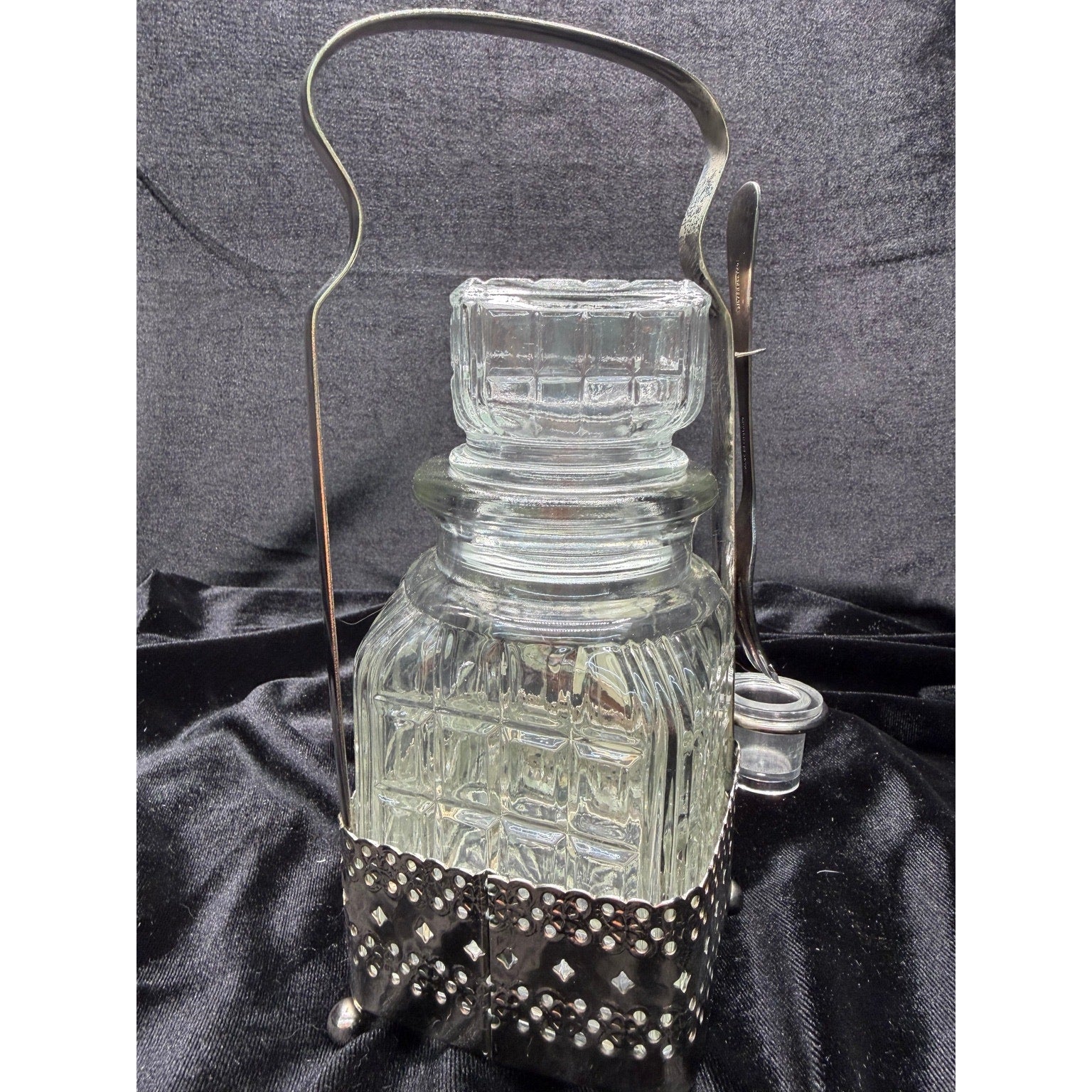 Vintage English Silver Plate Pickle Jar Stand w Fork Made in England