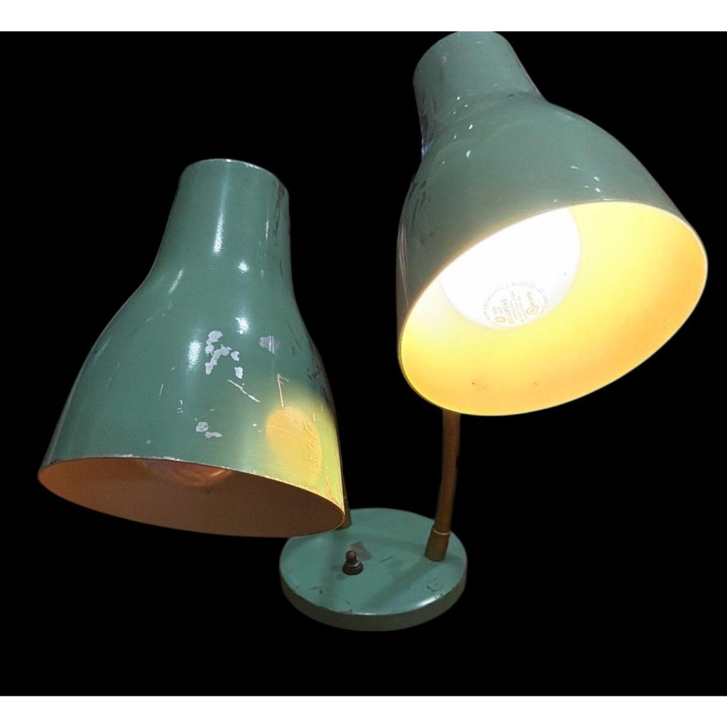 Vintage Mint Green Double Gooseneck Desk Lamp Atomic Era MCM Industrial Task Light