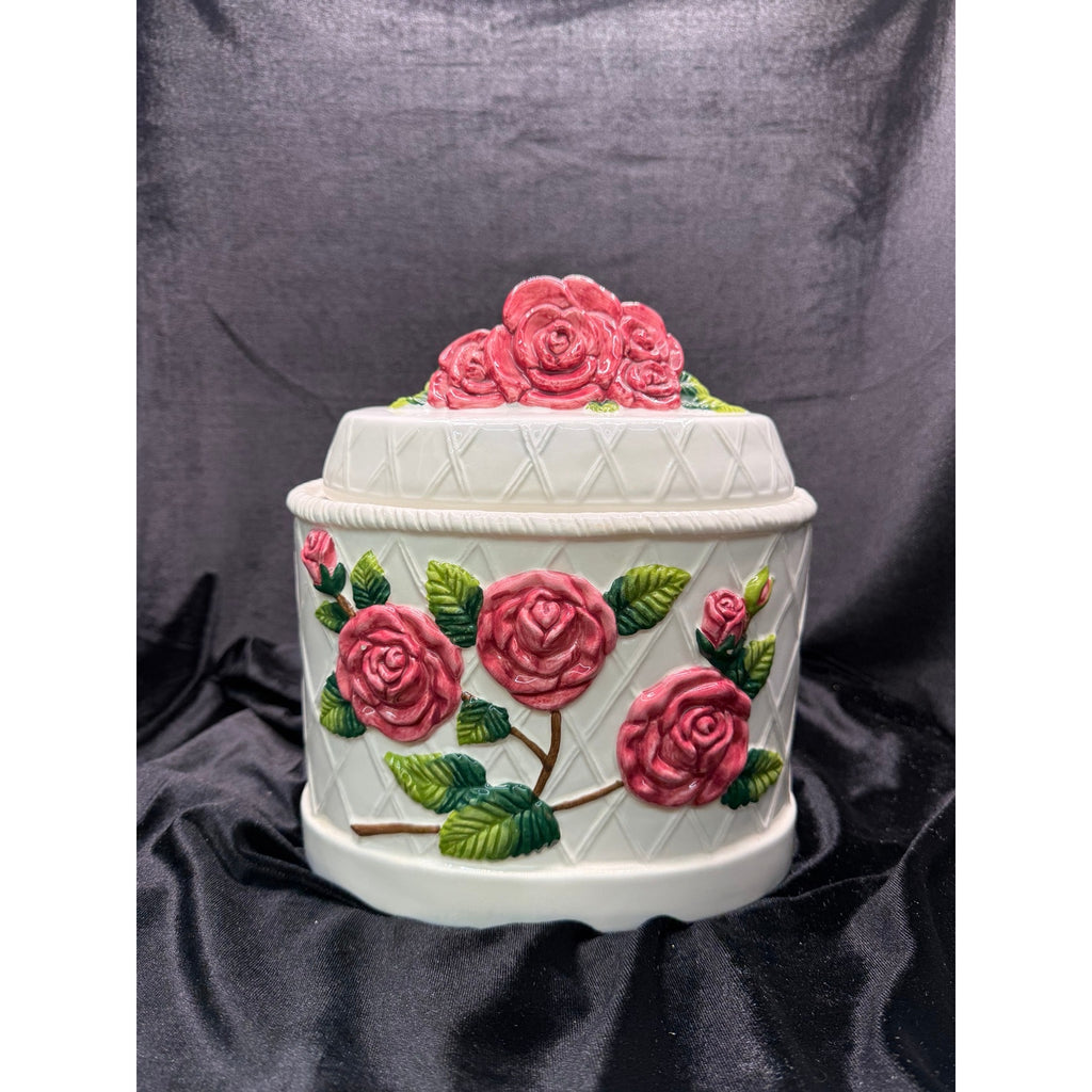 Vintage Ceramic Rose Cookie Jar White Floral Cottage Kitchen Canister with Lid