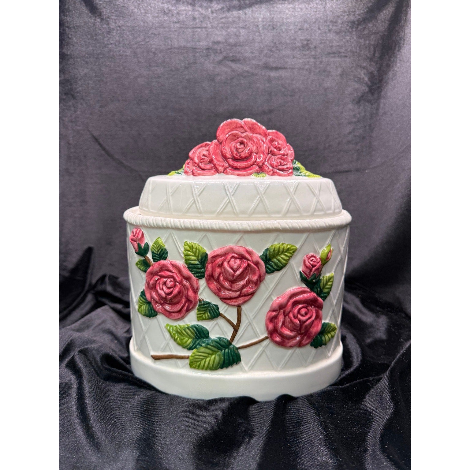 Vintage Ceramic Rose Cookie Jar White Floral Cottage Kitchen Canister with Lid