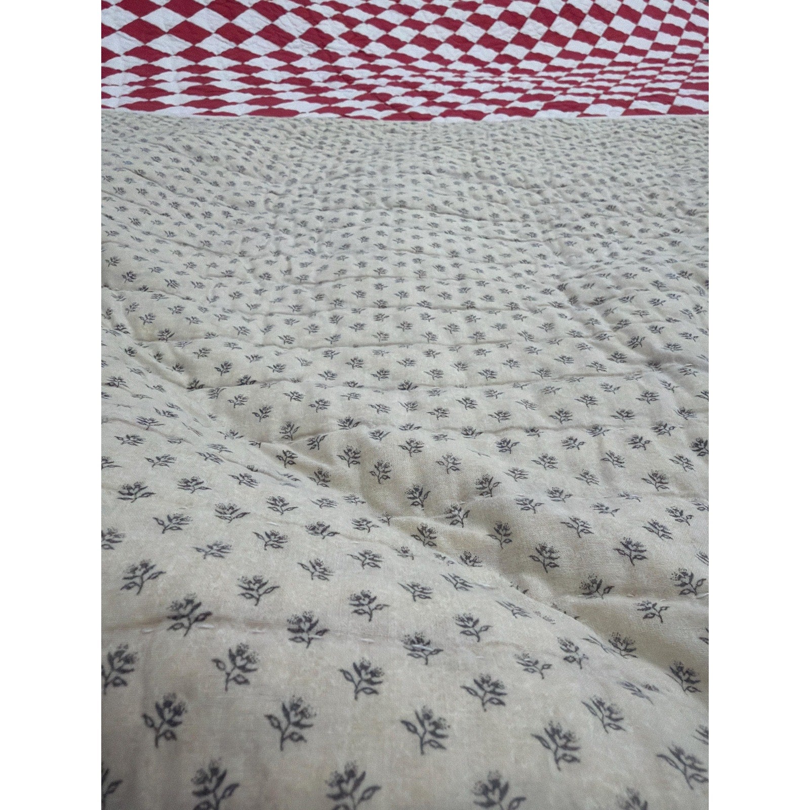Hand Quilted Red White Patchwork Quilt King Primitive Americana
