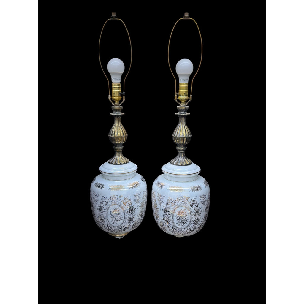 Pair Large Hollywood Regency Lighted Milk Glass Table Lamps 34 Inch