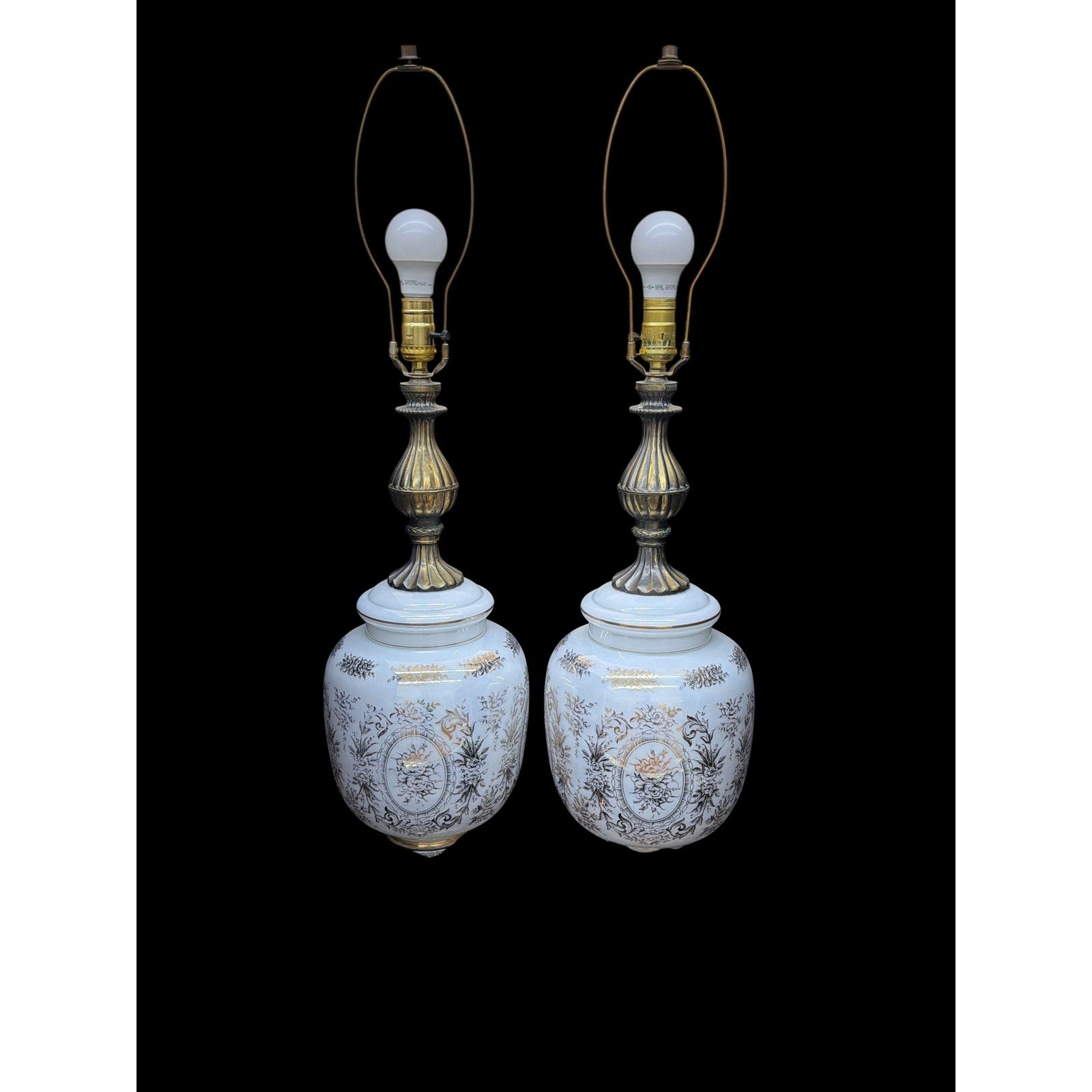 Pair Large Hollywood Regency Lighted Milk Glass Table Lamps 34 Inch