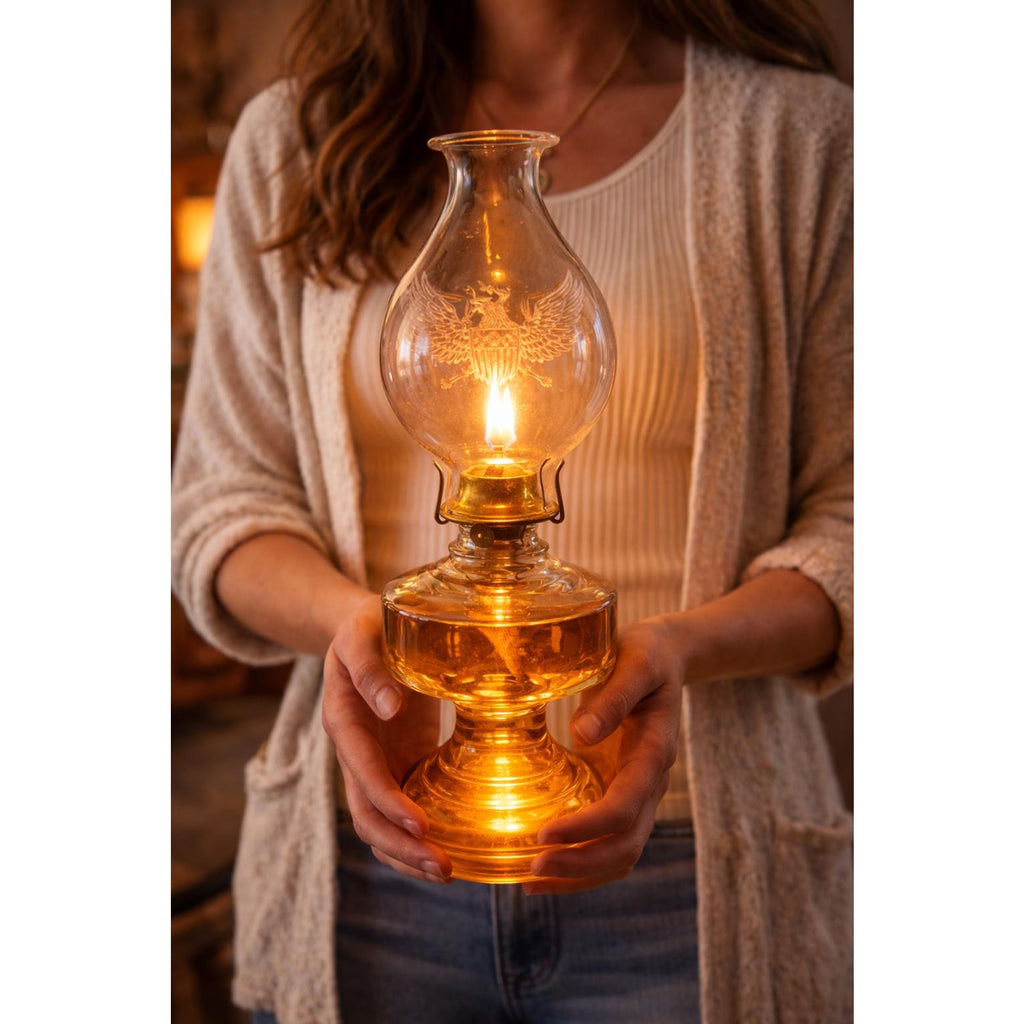 Antique Amber Glass Oil Lamp: Etched Eagle Chimney, Americana Decor