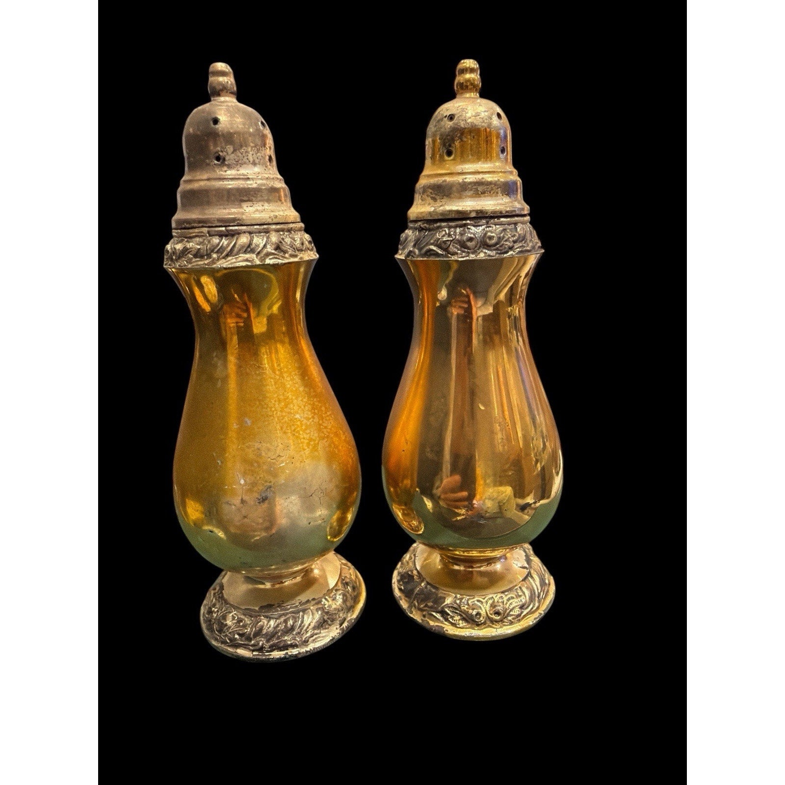 Vintage Oneida Henley Silverplate Salt & Pepper Shakers Brass Patina Pair