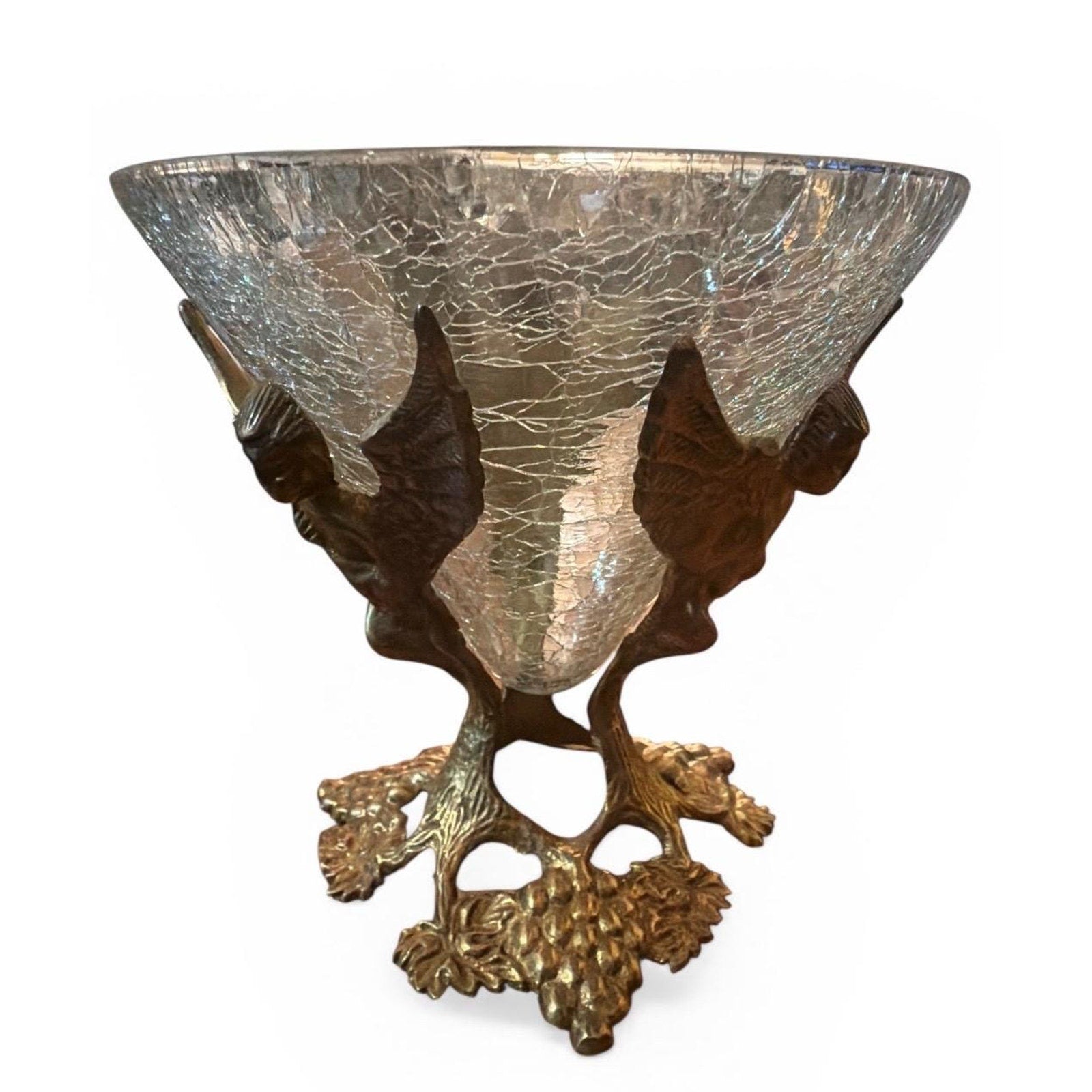 Vintage Cherub Bowl Crackle Glass Brass Compote Angel Centerpiece Hollywood Regency Gold Decor