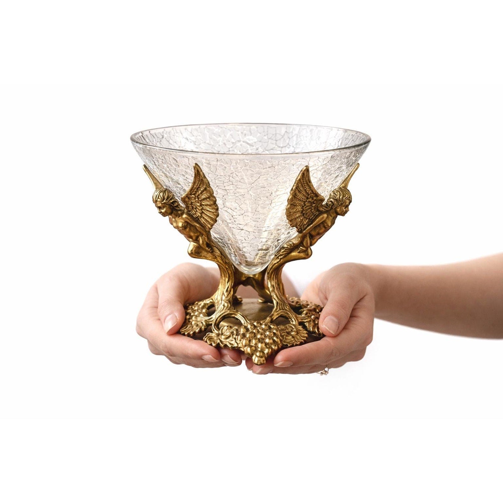 Vintage Cherub Bowl Crackle Glass Brass Compote Angel Centerpiece Hollywood Regency Gold Decor