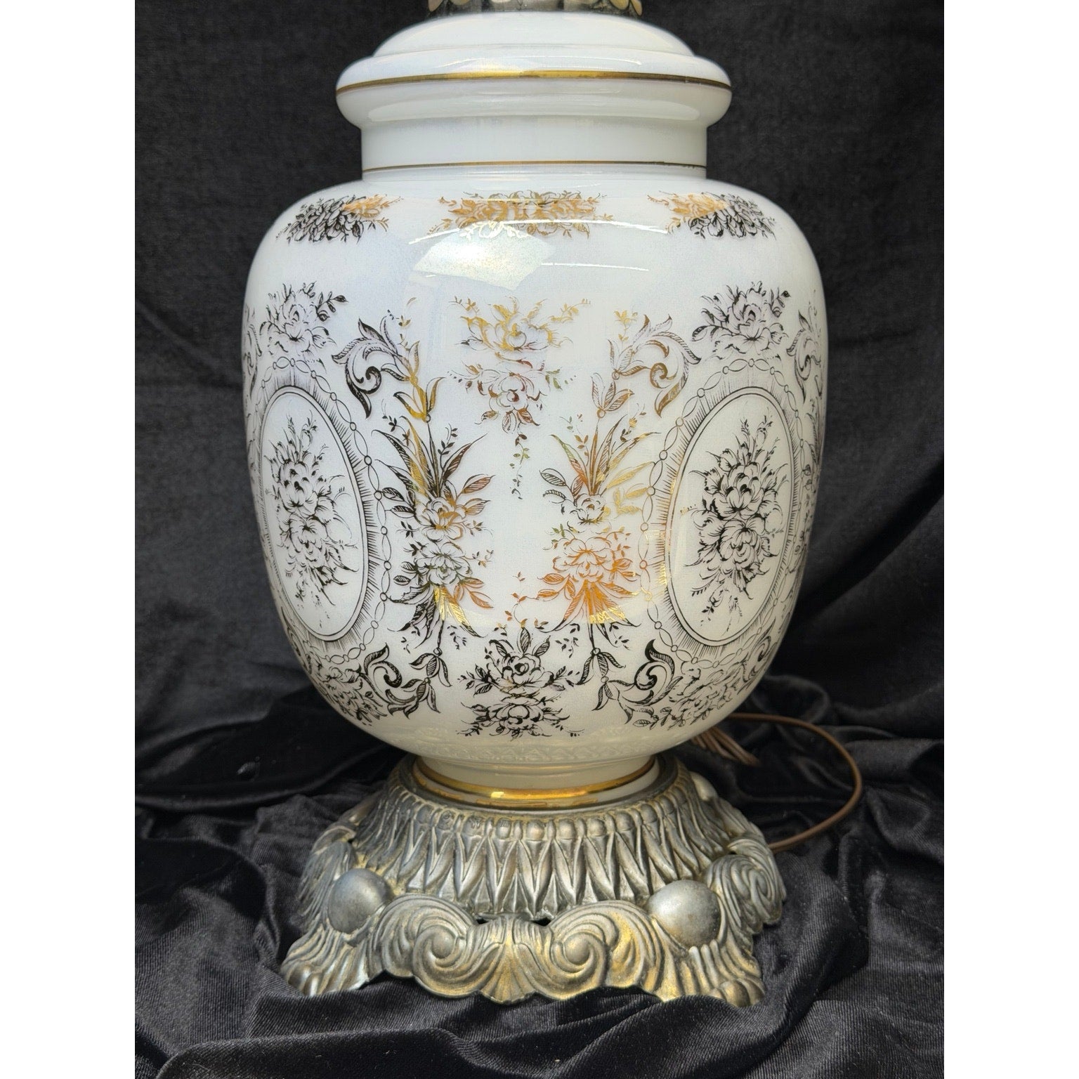 Pair Large Hollywood Regency Lighted Milk Glass Table Lamps 34 Inch