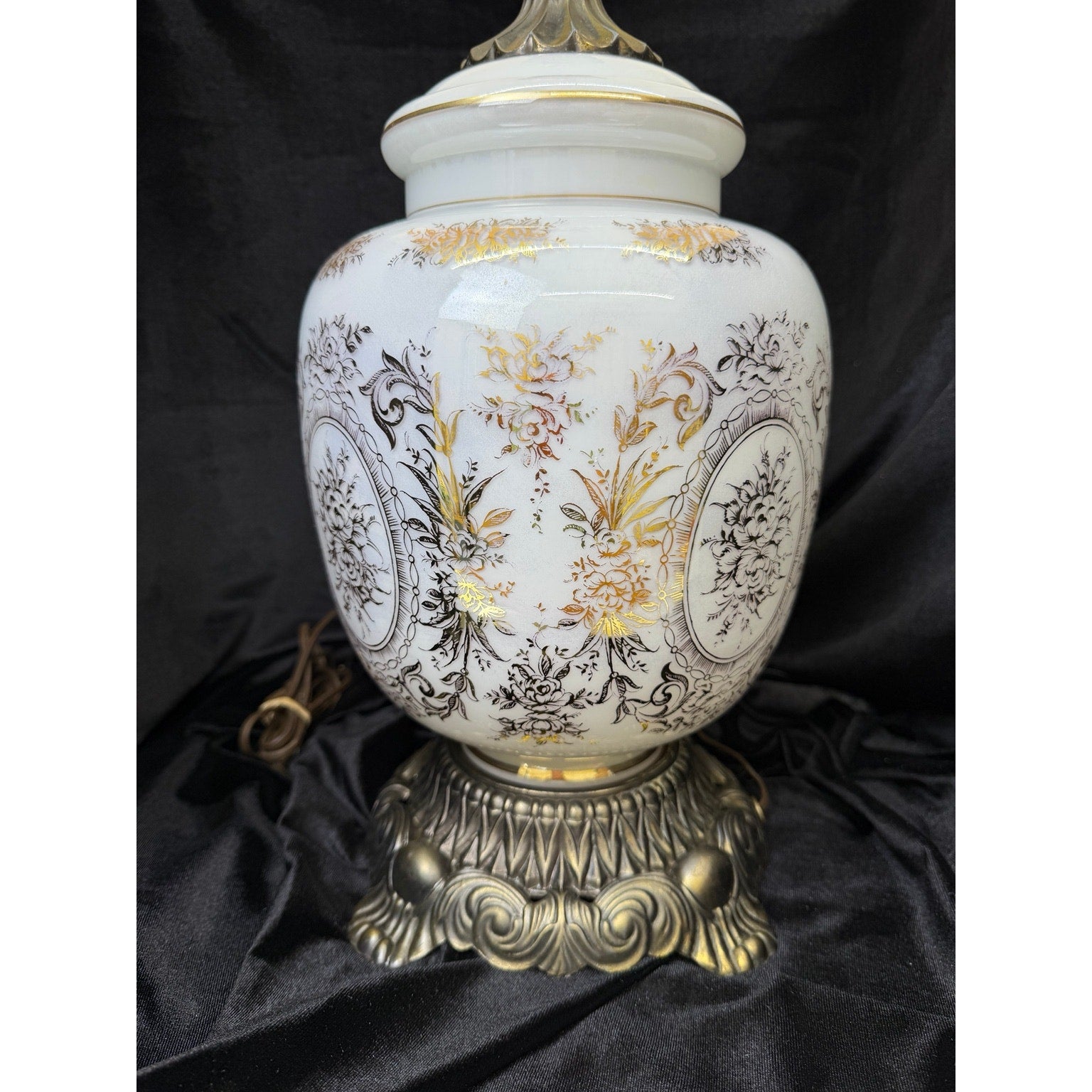 Pair Large Hollywood Regency Lighted Milk Glass Table Lamps 34 Inch