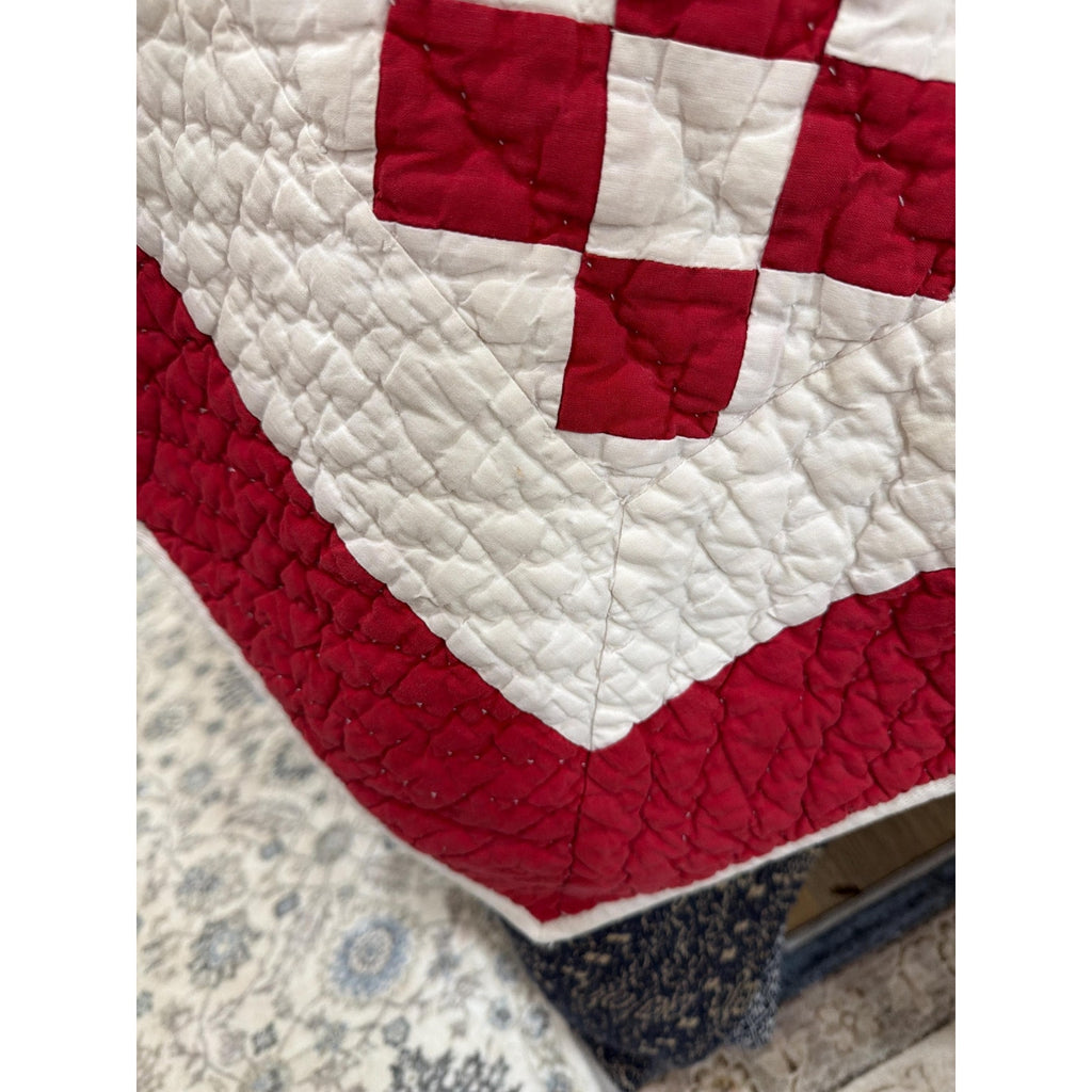 Hand Quilted Red White Patchwork Quilt King Primitive Americana