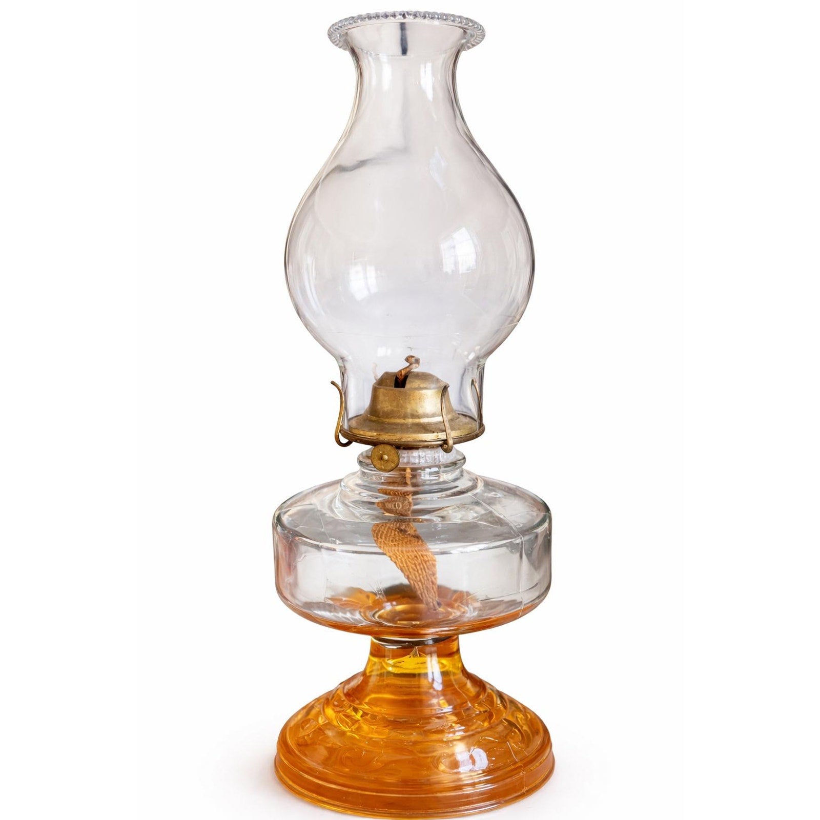 Antique Amber Glass Oil Lamp: Etched Eagle Chimney, Americana Decor