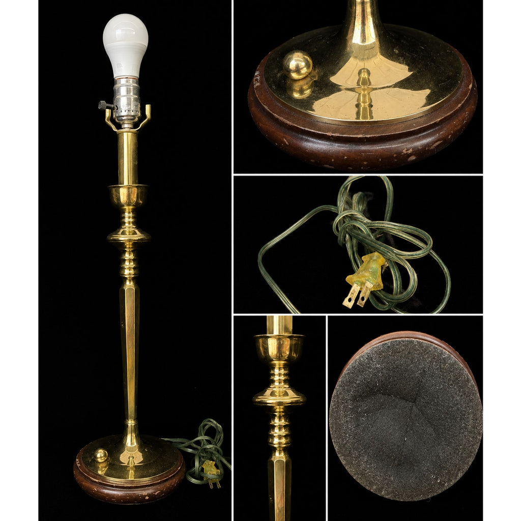 Vintage Solid Brass Candlestick Table Lamp with Sculptural Orb Wood Base
