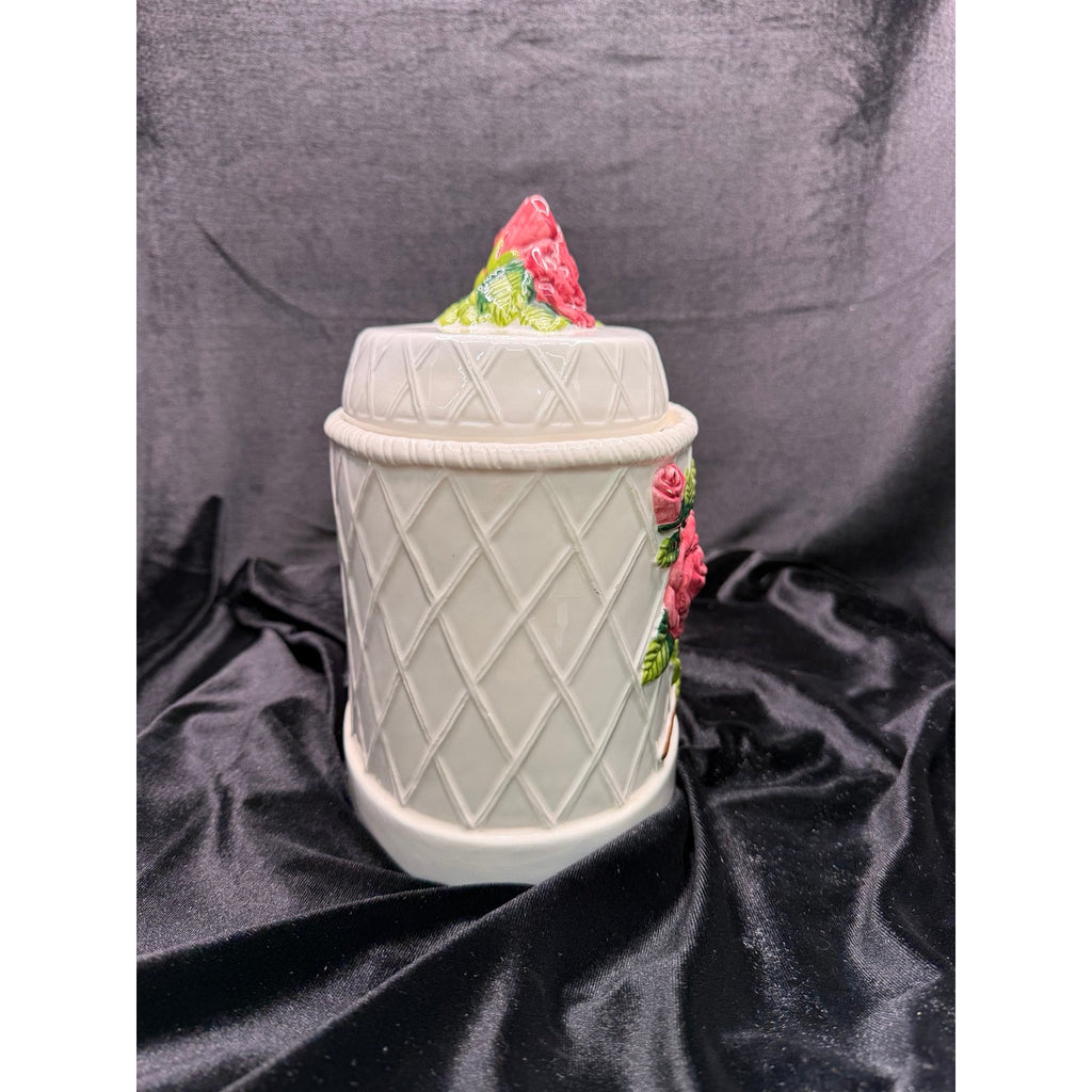 Vintage Ceramic Rose Cookie Jar White Floral Cottage Kitchen Canister with Lid