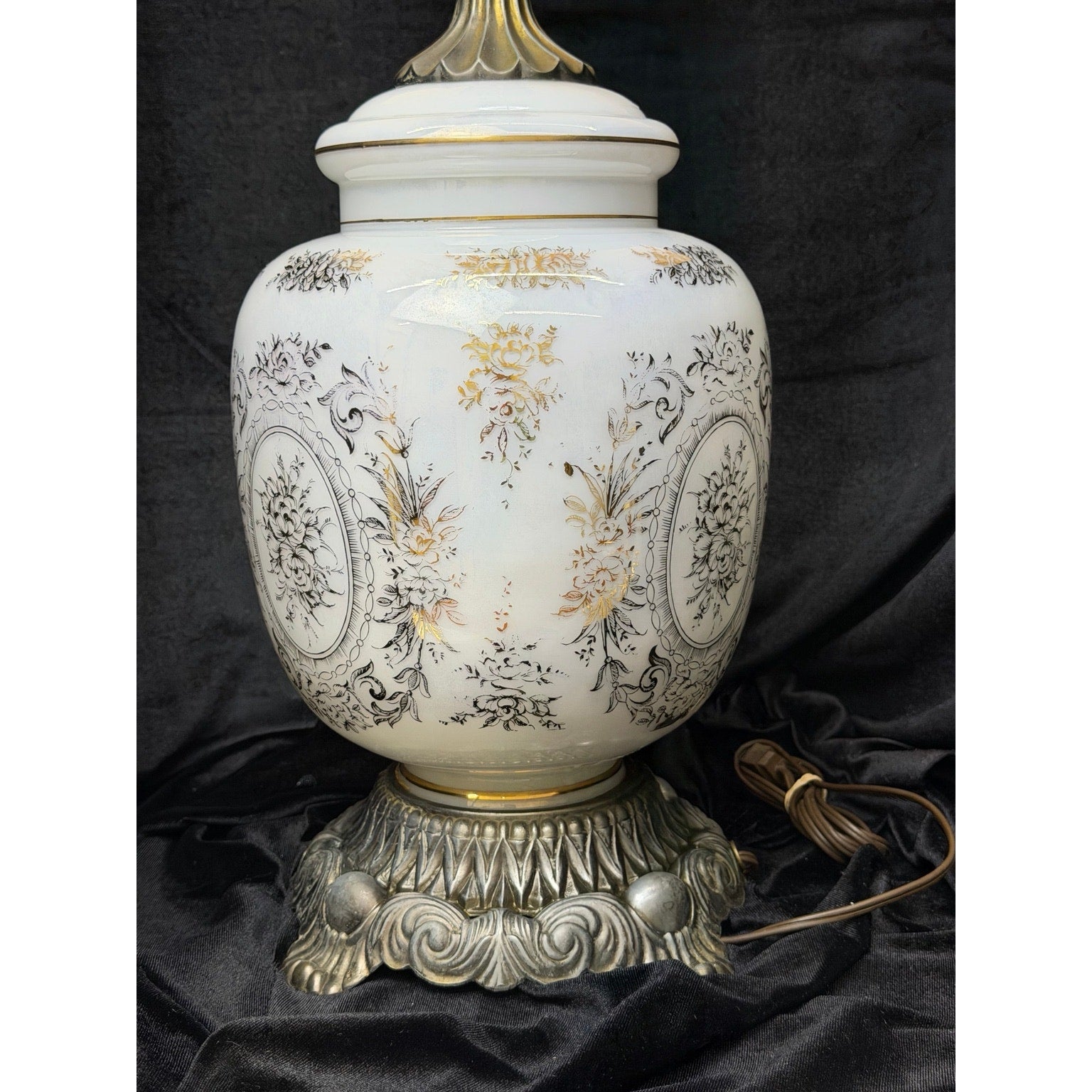 Pair Large Hollywood Regency Lighted Milk Glass Table Lamps 34 Inch