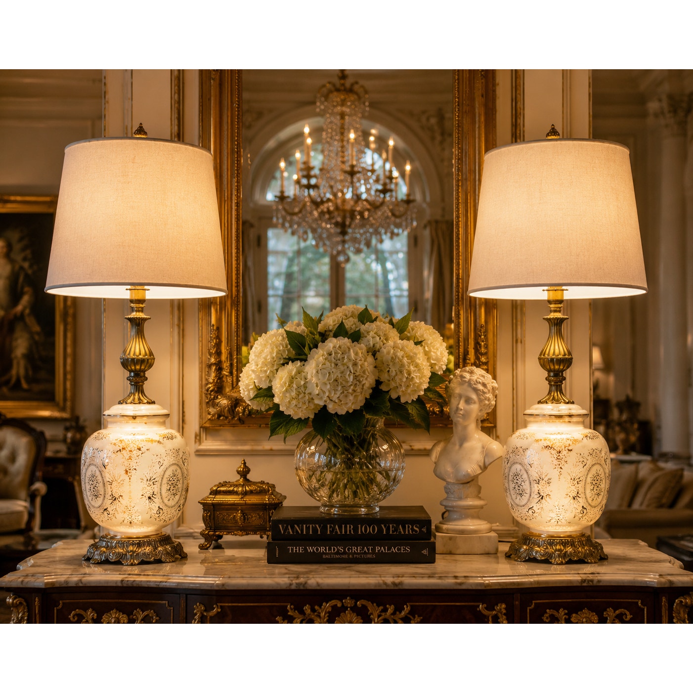 Pair Large Hollywood Regency Lighted Milk Glass Table Lamps 34 Inch