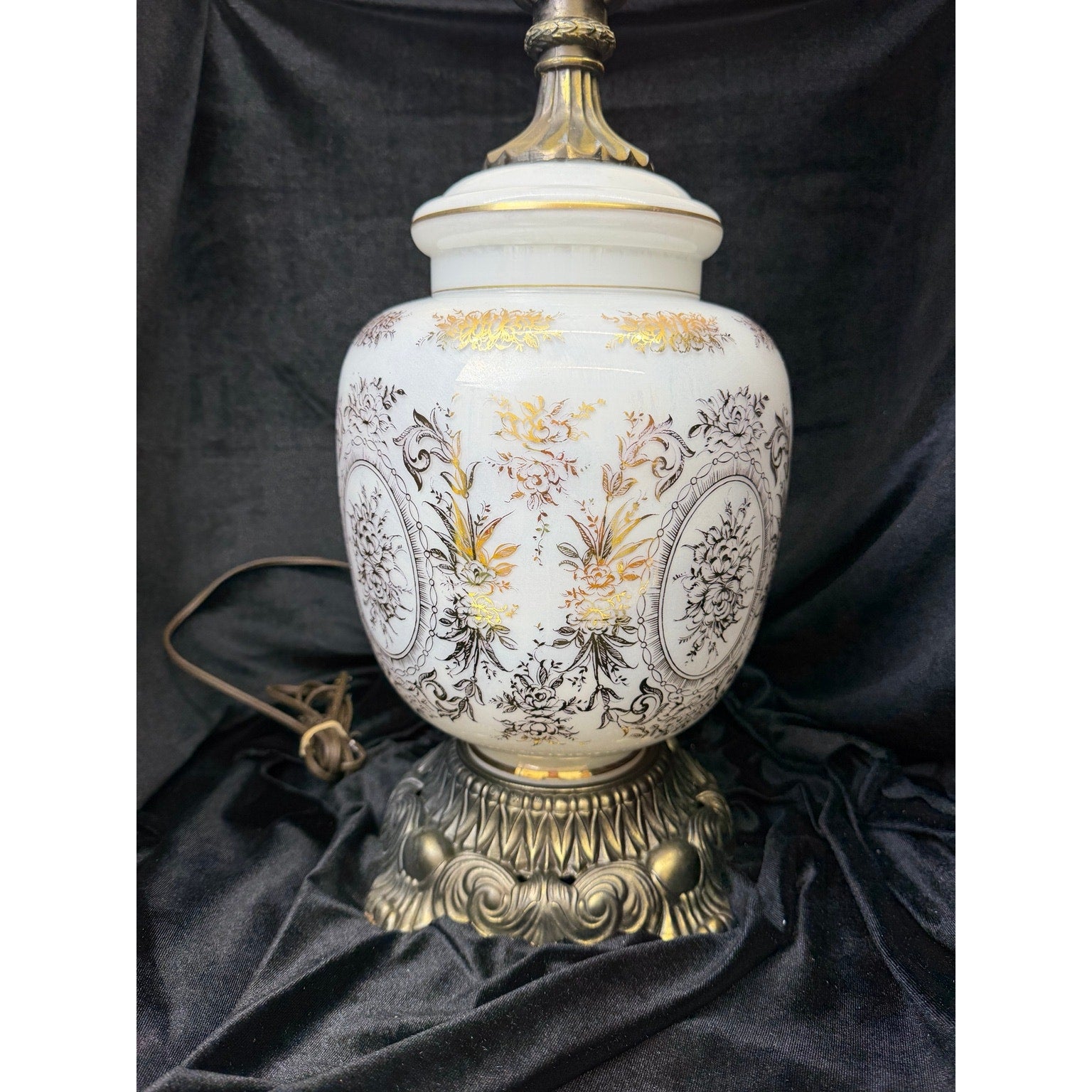 Pair Large Hollywood Regency Lighted Milk Glass Table Lamps 34 Inch