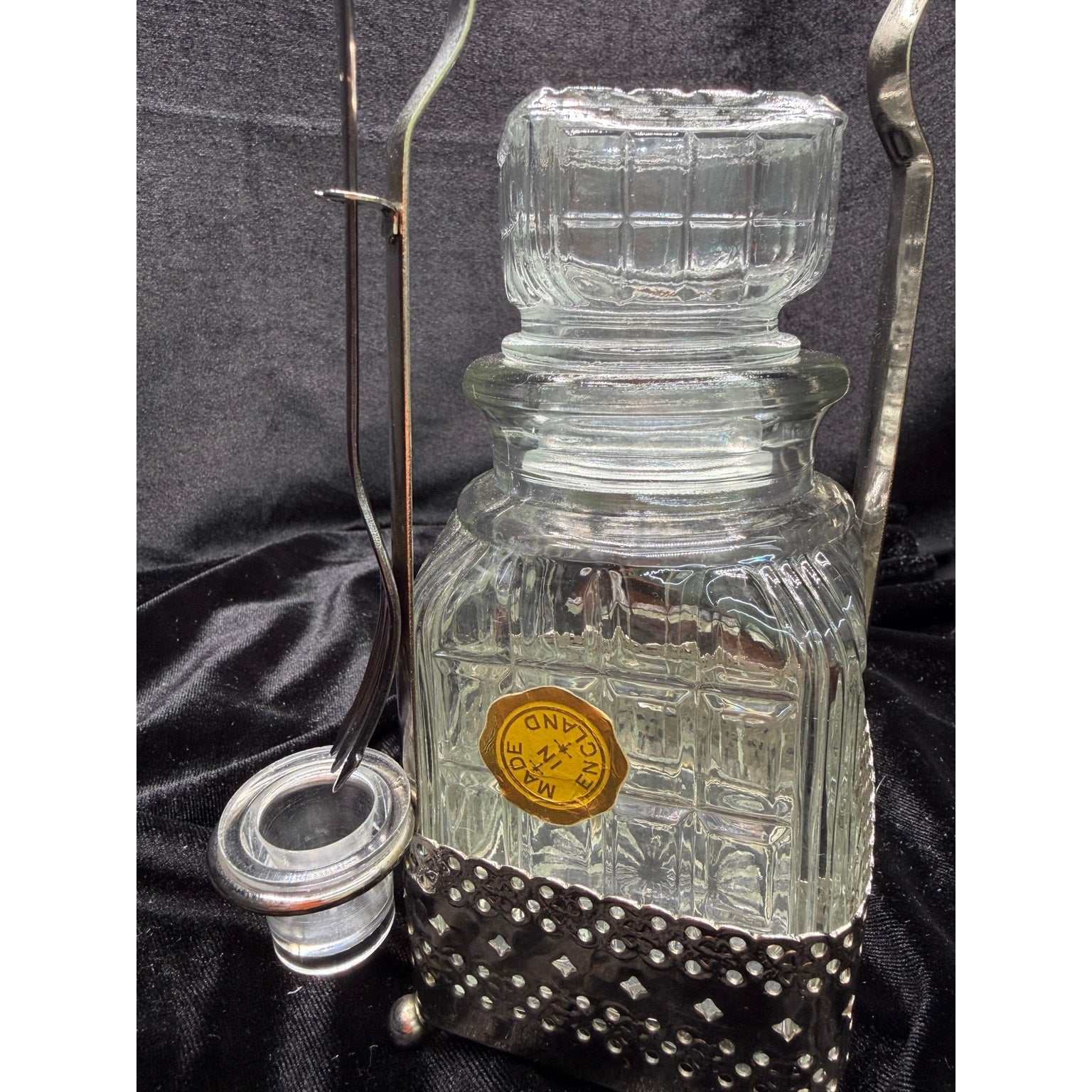 Vintage English Silver Plate Pickle Jar Stand w Fork Made in England