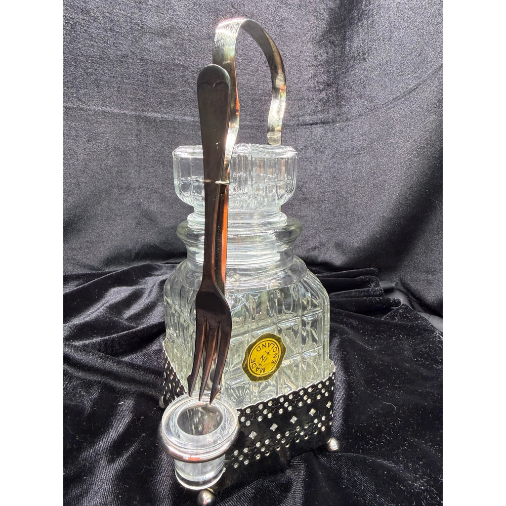 Vintage English Silver Plate Pickle Jar Stand w Fork Made in England