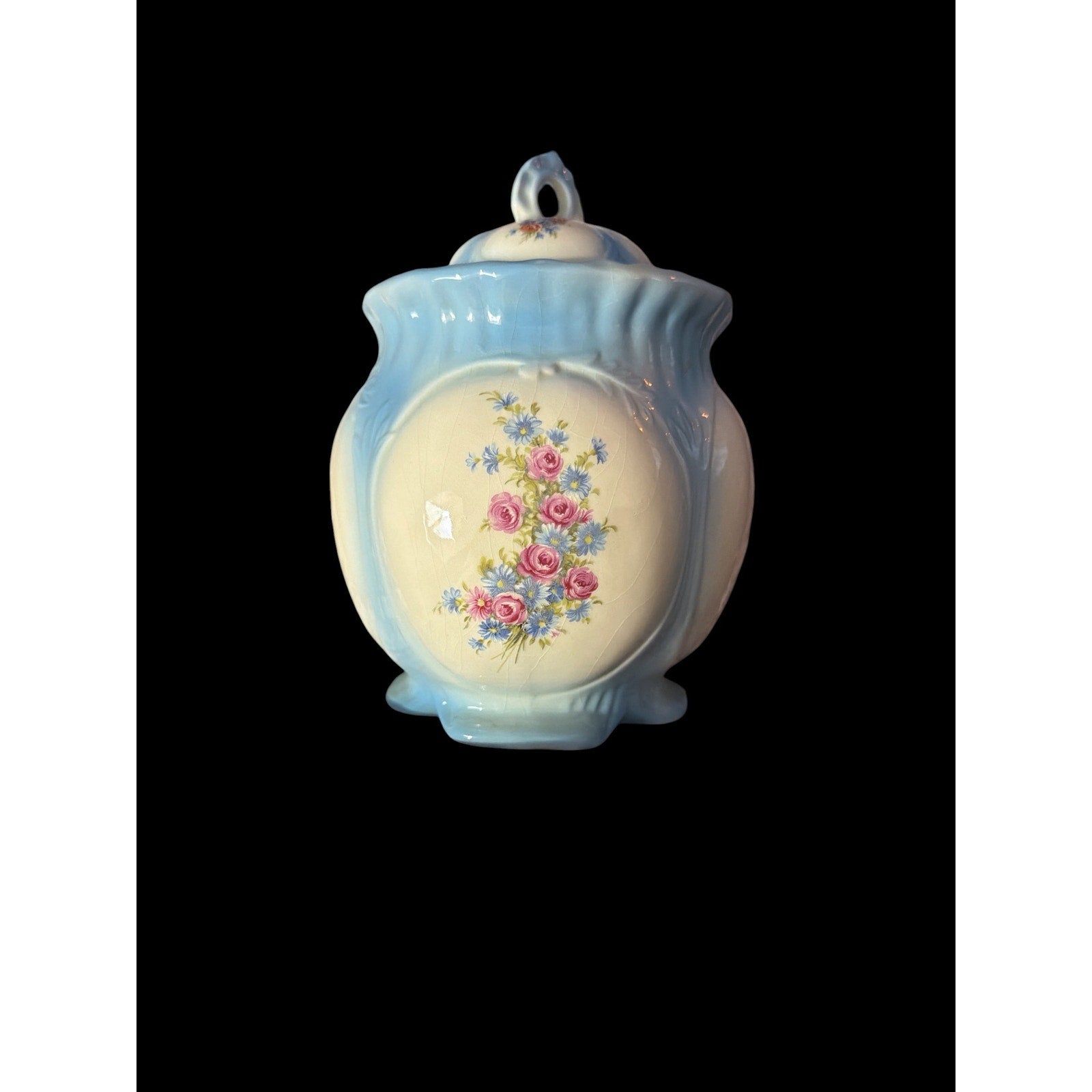 Vintage Blue Floral Biscuit Barrel Cookie Jar Covered Ceramic Canister Cottage