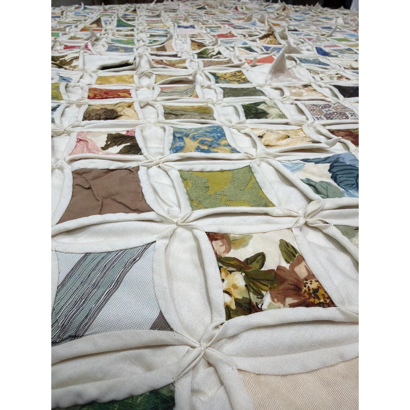 Vintage Cathedral Window Quilt King Size 96x96 Handmade Heirloom Patchwork Quilt