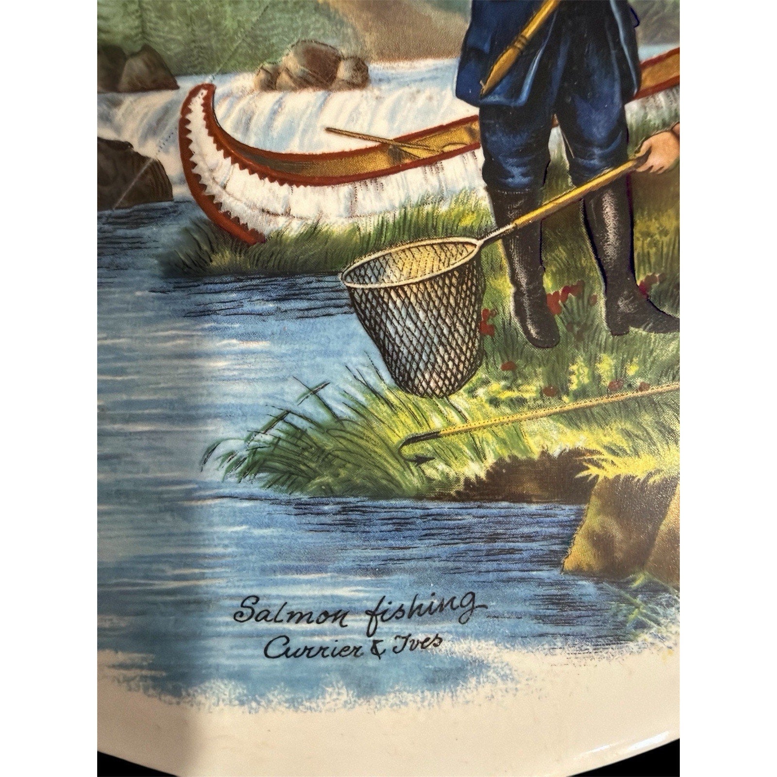 Vintage Currier & Ives Wall Plaques Set of 4 Hunting Fishing Cabin Decor 7.5"