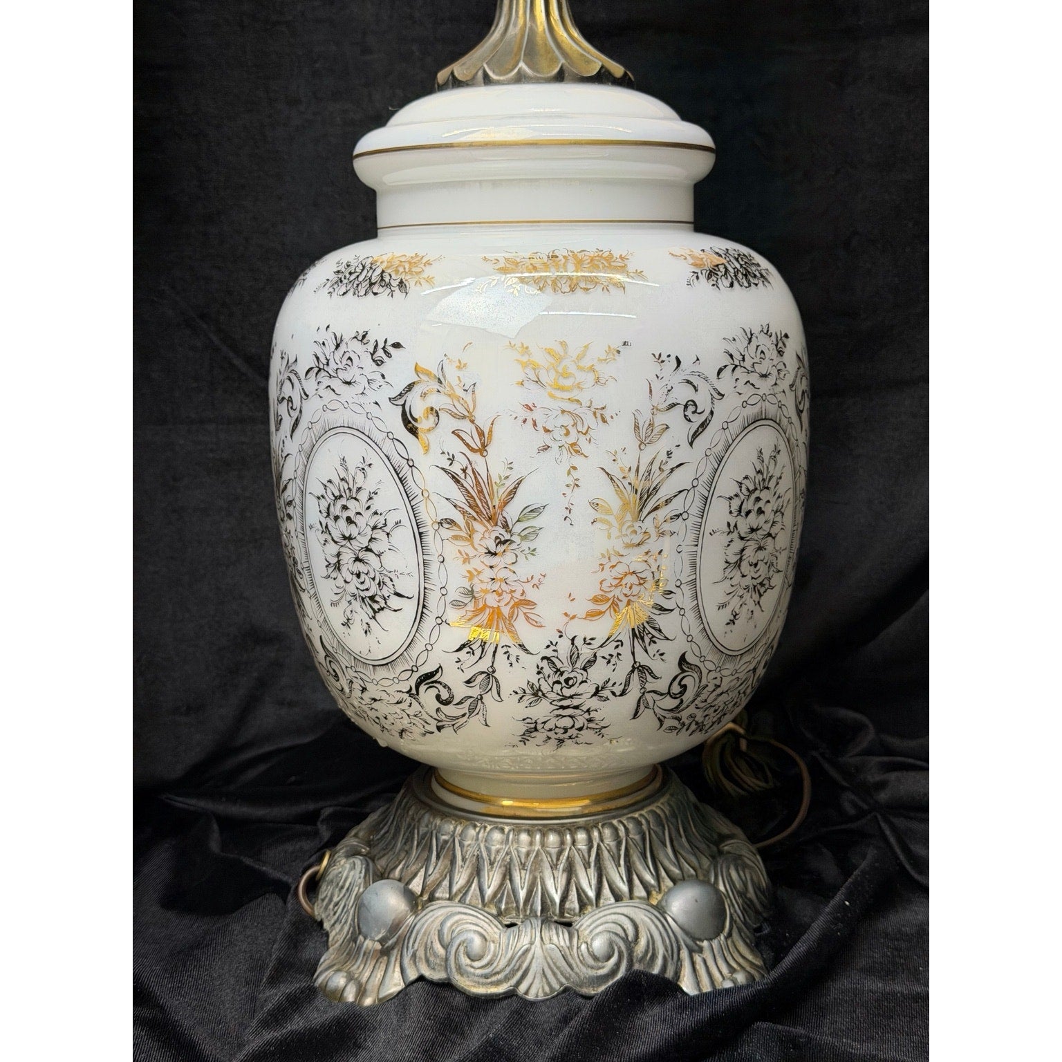 Pair Large Hollywood Regency Lighted Milk Glass Table Lamps 34 Inch