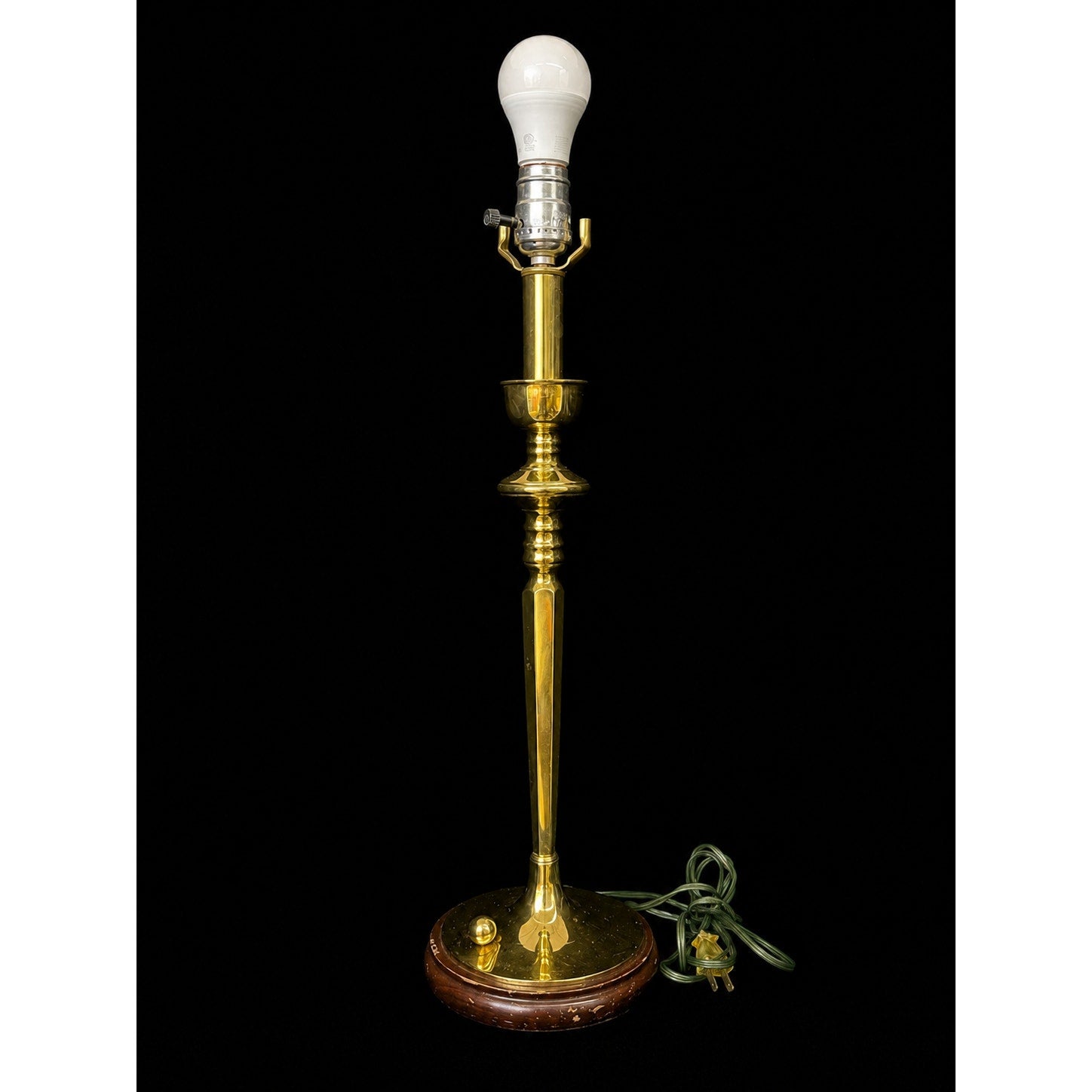 Vintage Solid Brass Candlestick Table Lamp with Sculptural Orb Wood Base
