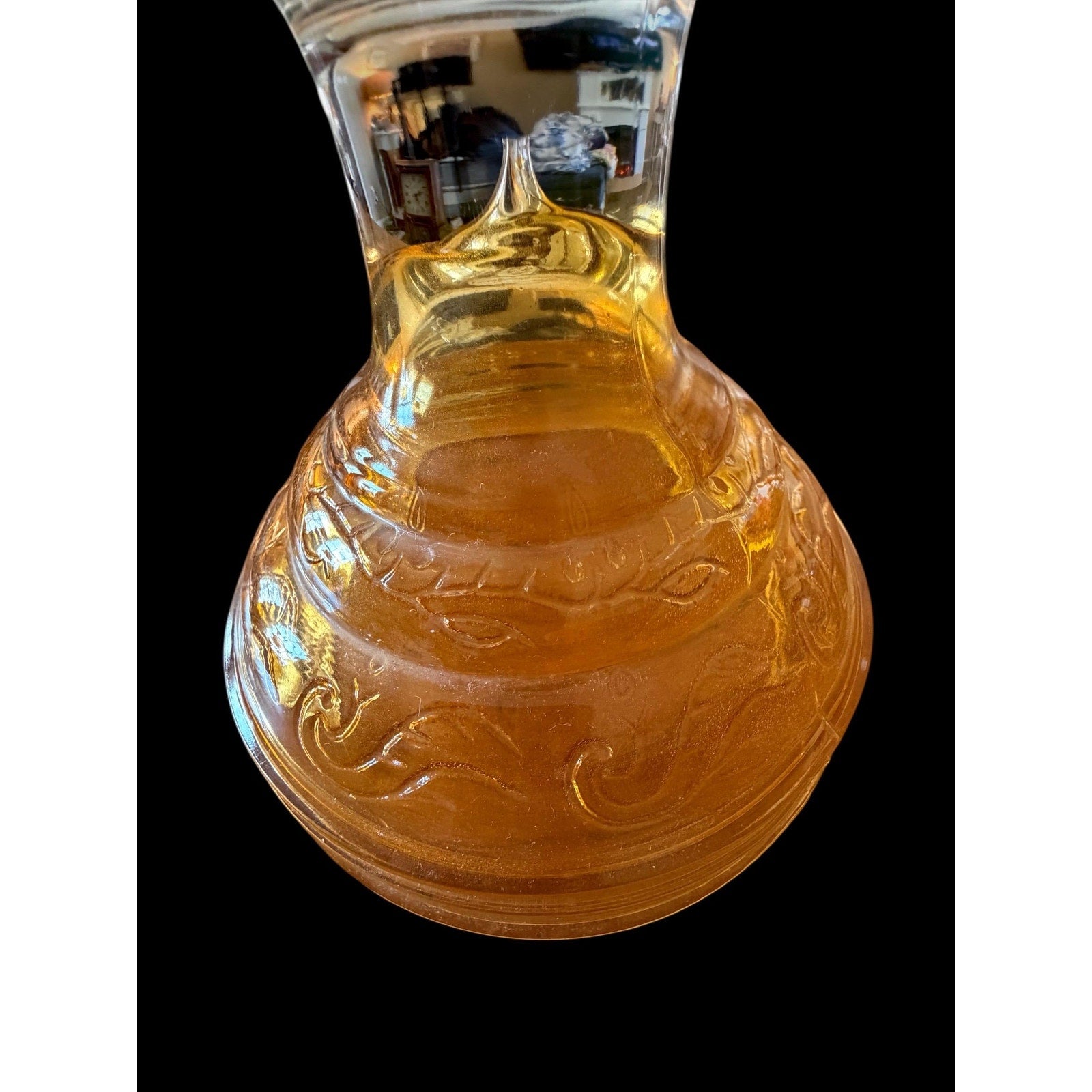 Antique Amber Glass Oil Lamp: Etched Eagle Chimney, Americana Decor