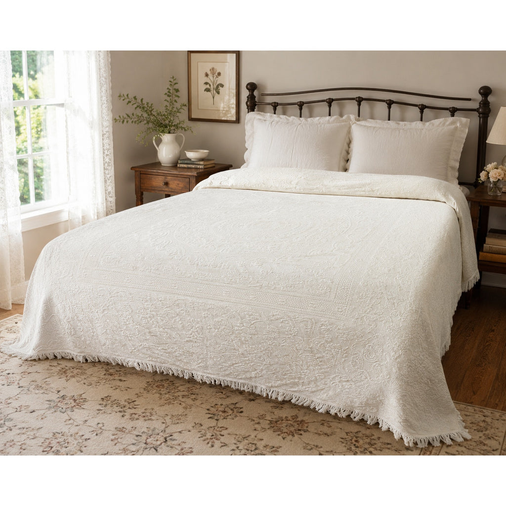Vintage Cannon Queen Elizabeth Bedspread Queen 90x94 Ivory Cotton Jacquard Matela