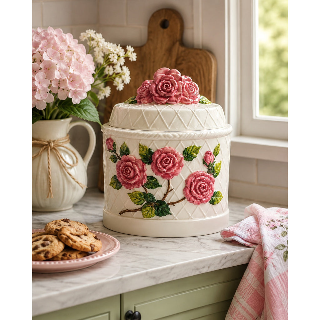 Vintage Ceramic Rose Cookie Jar White Floral Cottage Kitchen Canister with Lid