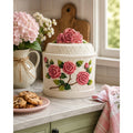 Vintage Ceramic Rose Cookie Jar White Floral Cottage Kitchen Canister with Lid