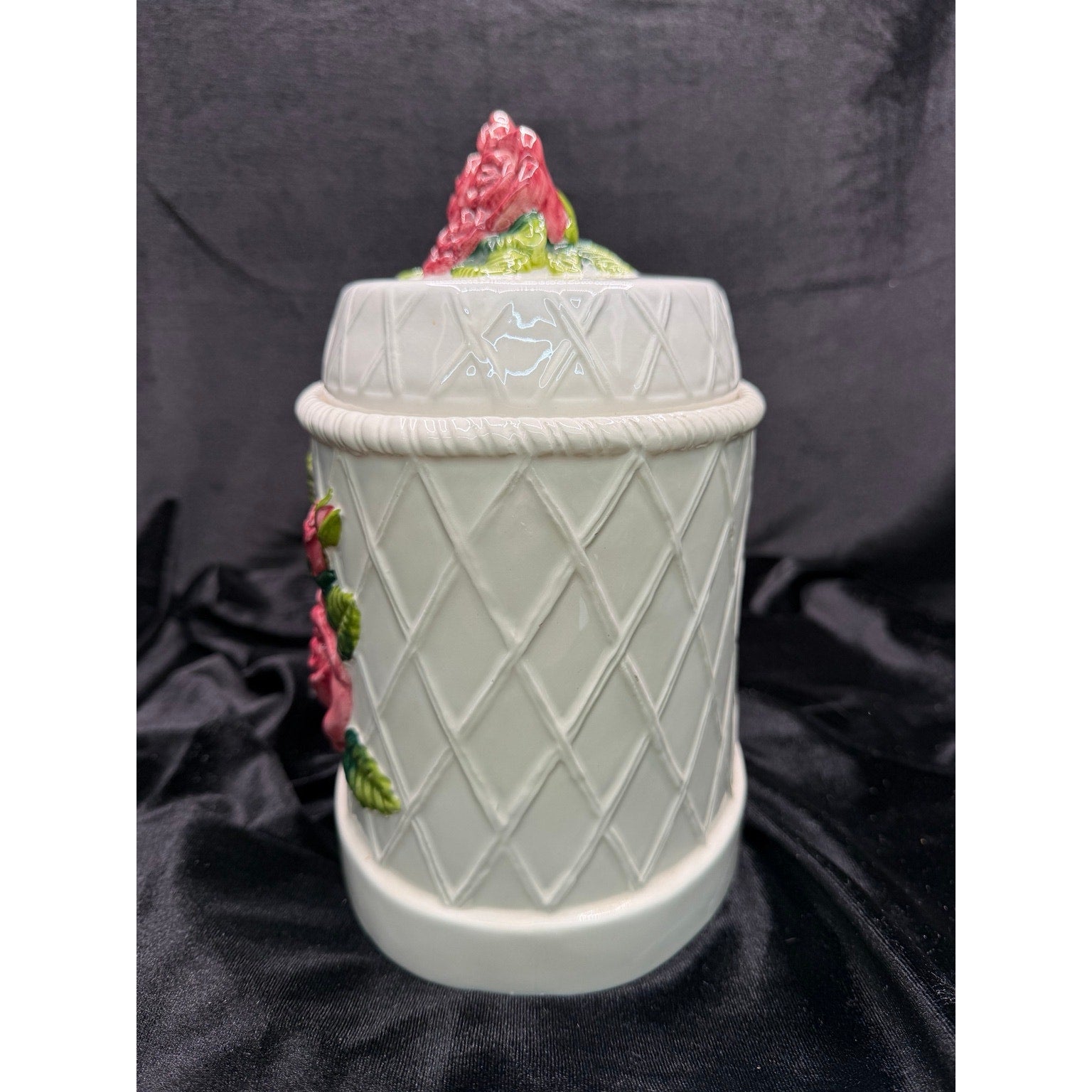Vintage Ceramic Rose Cookie Jar White Floral Cottage Kitchen Canister with Lid