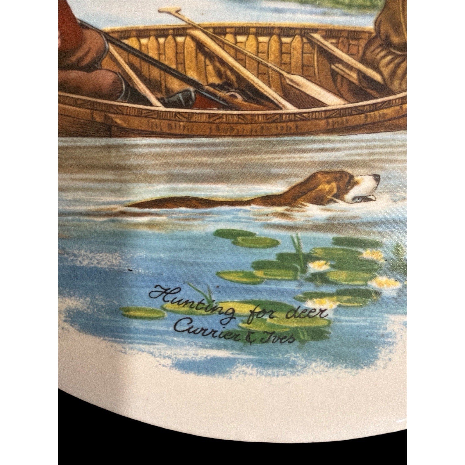 Vintage Currier & Ives Wall Plaques Set of 4 Hunting Fishing Cabin Decor 7.5"