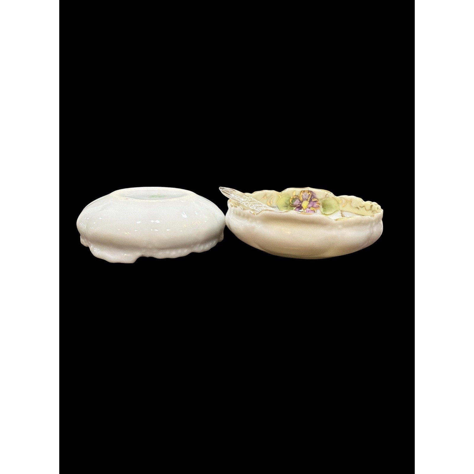 Antique Hand Painted Porcelain Salt Cellars with Glass Spoons, Victorian Violet
