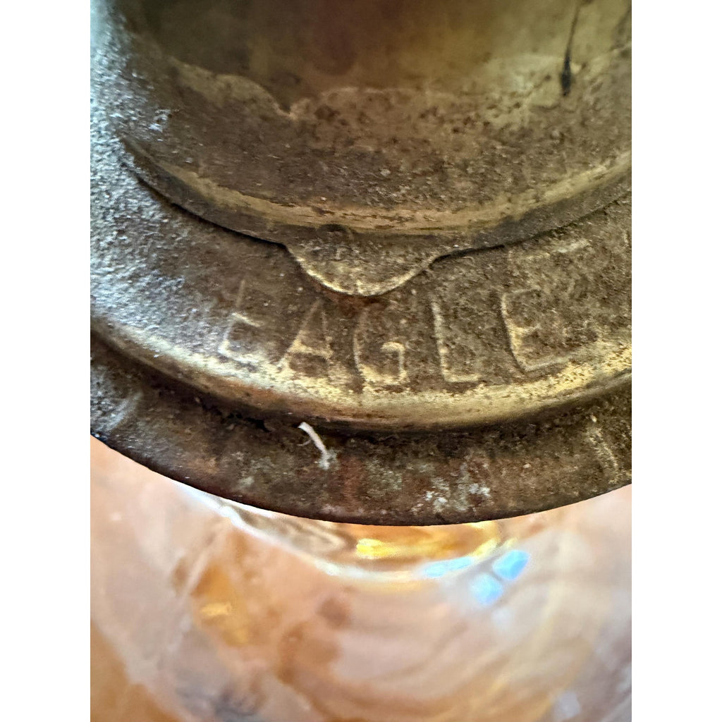 Antique Amber Glass Oil Lamp: Etched Eagle Chimney, Americana Decor