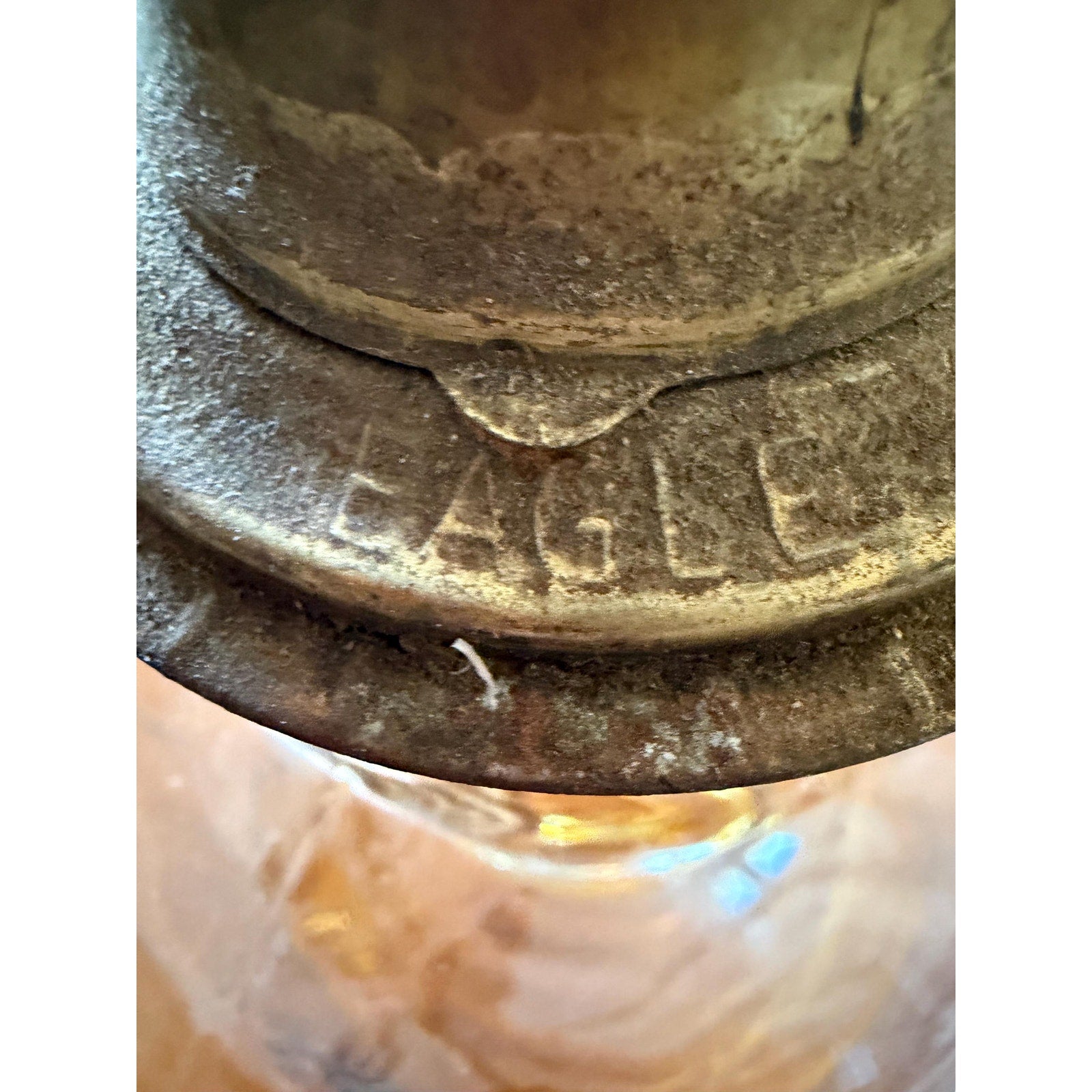 Antique Amber Glass Oil Lamp: Etched Eagle Chimney, Americana Decor
