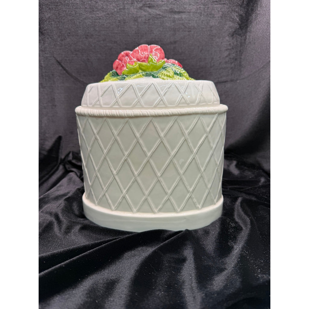 Vintage Ceramic Rose Cookie Jar White Floral Cottage Kitchen Canister with Lid