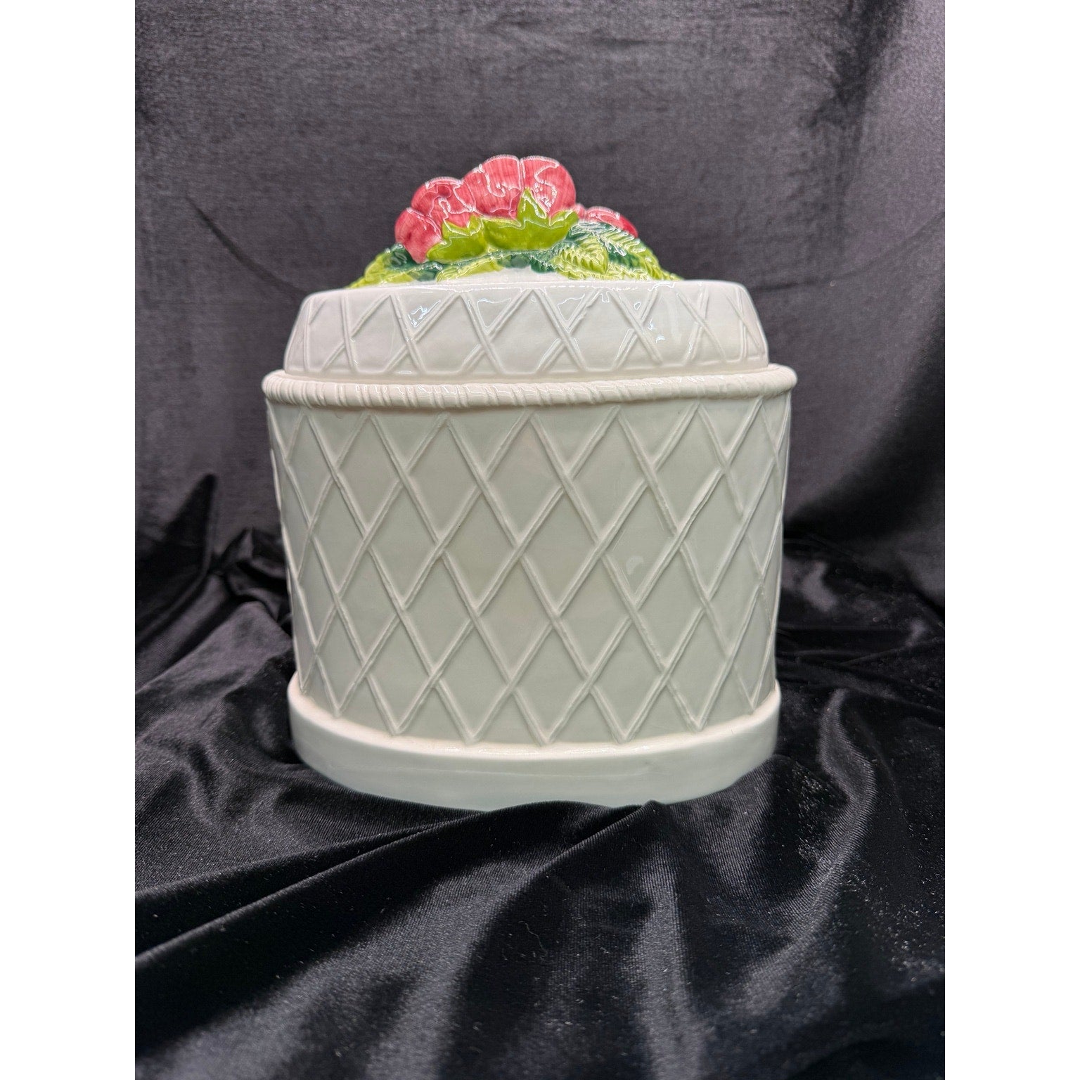 Vintage Ceramic Rose Cookie Jar White Floral Cottage Kitchen Canister with Lid