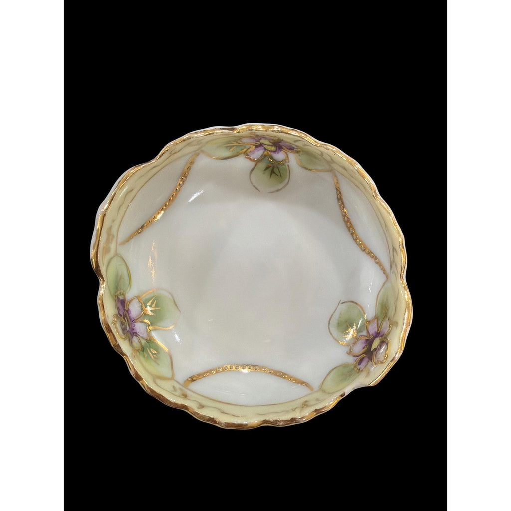 Antique Hand Painted Porcelain Salt Cellars with Glass Spoons, Victorian Violet